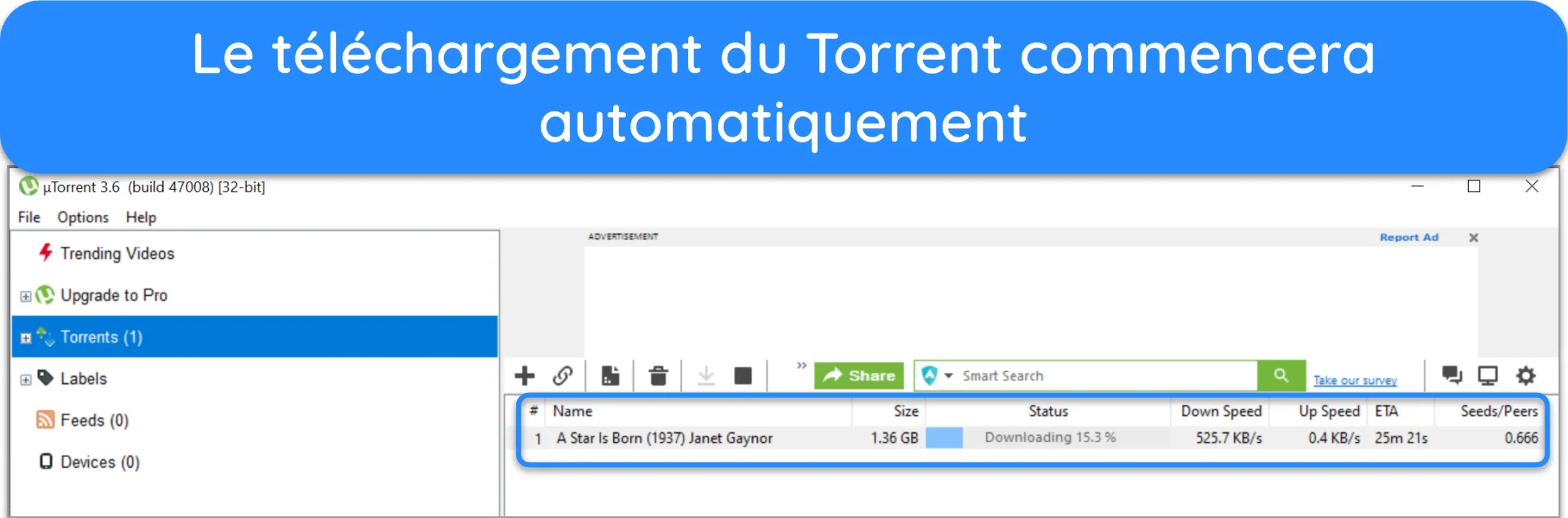Capture d'&eacute;cran d'un fichier torrent en cours de t&eacute;l&eacute;chargement sur uTorrent.