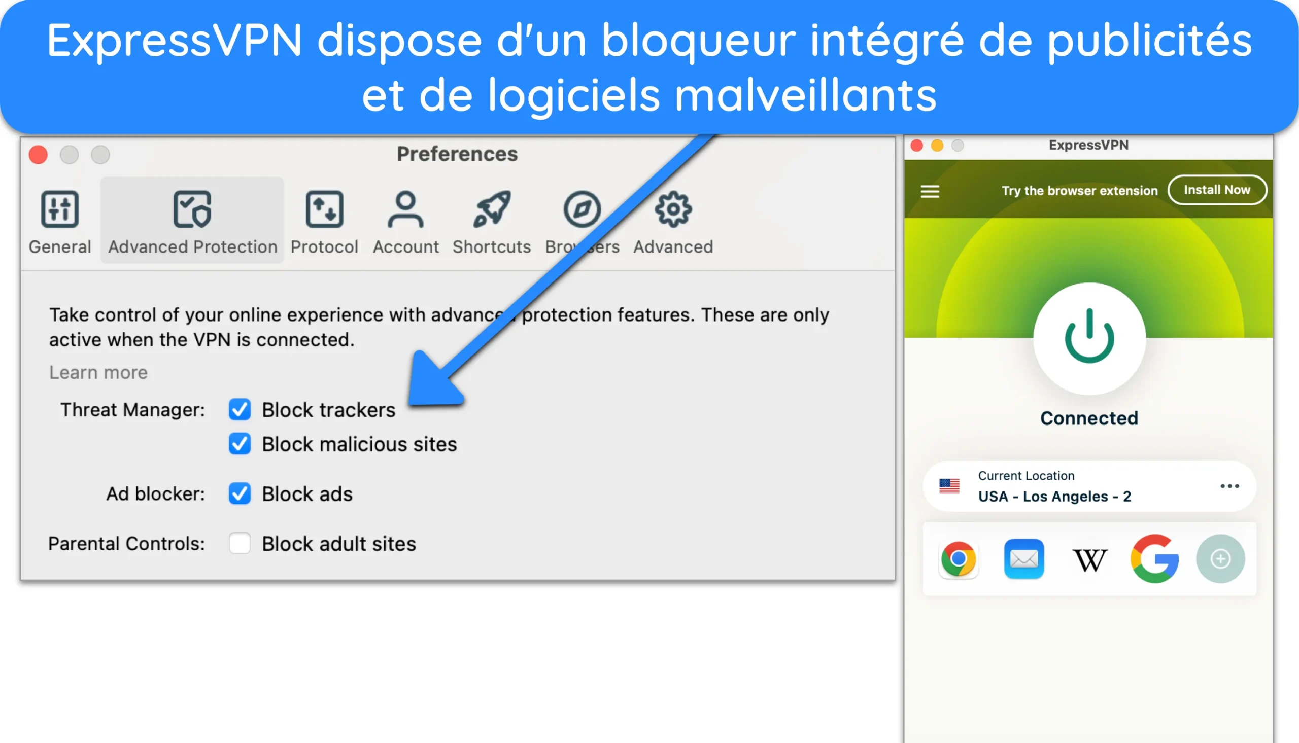 Capture d'&eacute;cran d'ExpressVPN connect&eacute; &agrave; un serveur aux &Eacute;tats-Unis avec le blocage des publicit&eacute;s, des trackers et des logiciels malveillants activ&eacute; dans les pr&eacute;f&eacute;rences.