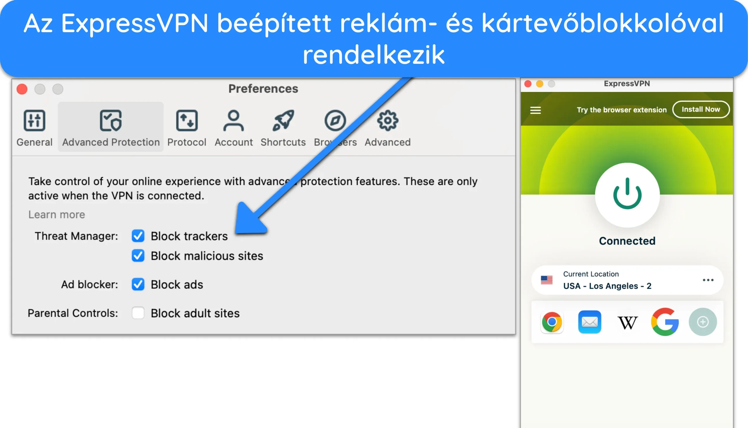 K&eacute;pernyők&eacute;p az ExpressVPN-ről, amely egy egyes&uuml;lt &aacute;llamokbeli szerverhez csatlakozik, ahol a hirdet&eacute;sek, a nyomk&ouml;vető &eacute;s a rosszindulat&uacute; programok blokkol&aacute;sa enged&eacute;lyezve van a be&aacute;ll&iacute;t&aacute;sokb&oacute;l.