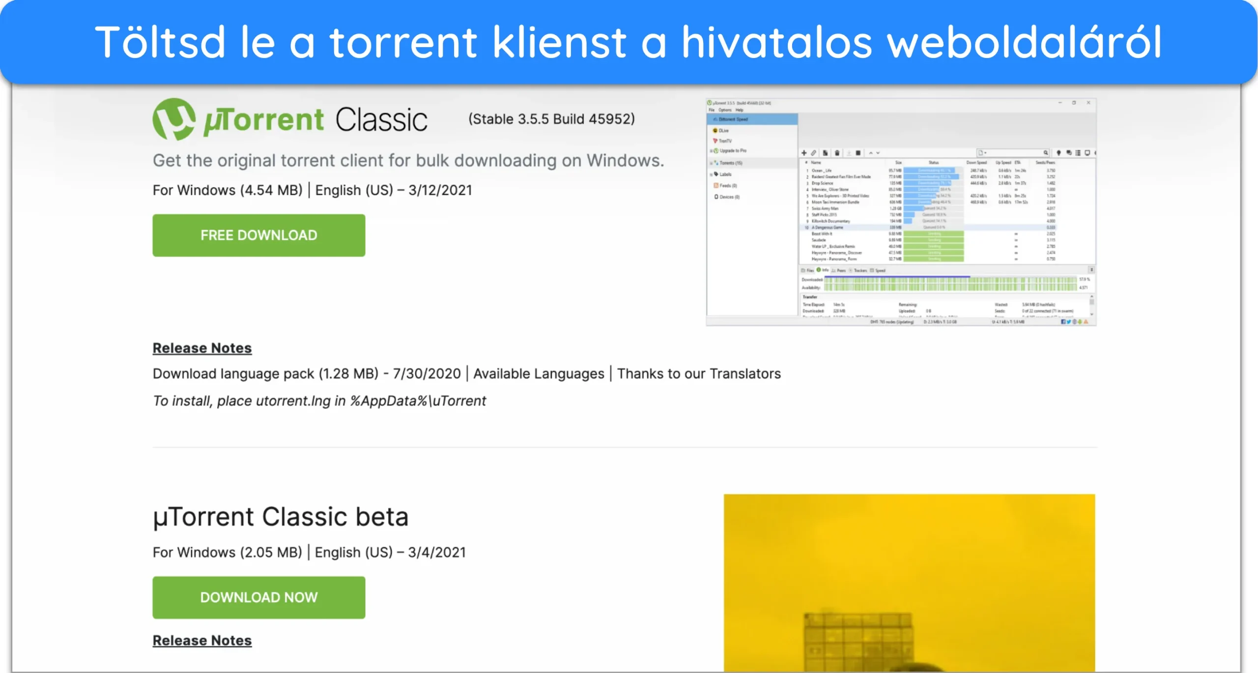 K&eacute;pernyők&eacute;p az uTorrent let&ouml;lt&eacute;s&eacute;ről a hivatalos webhelyről.