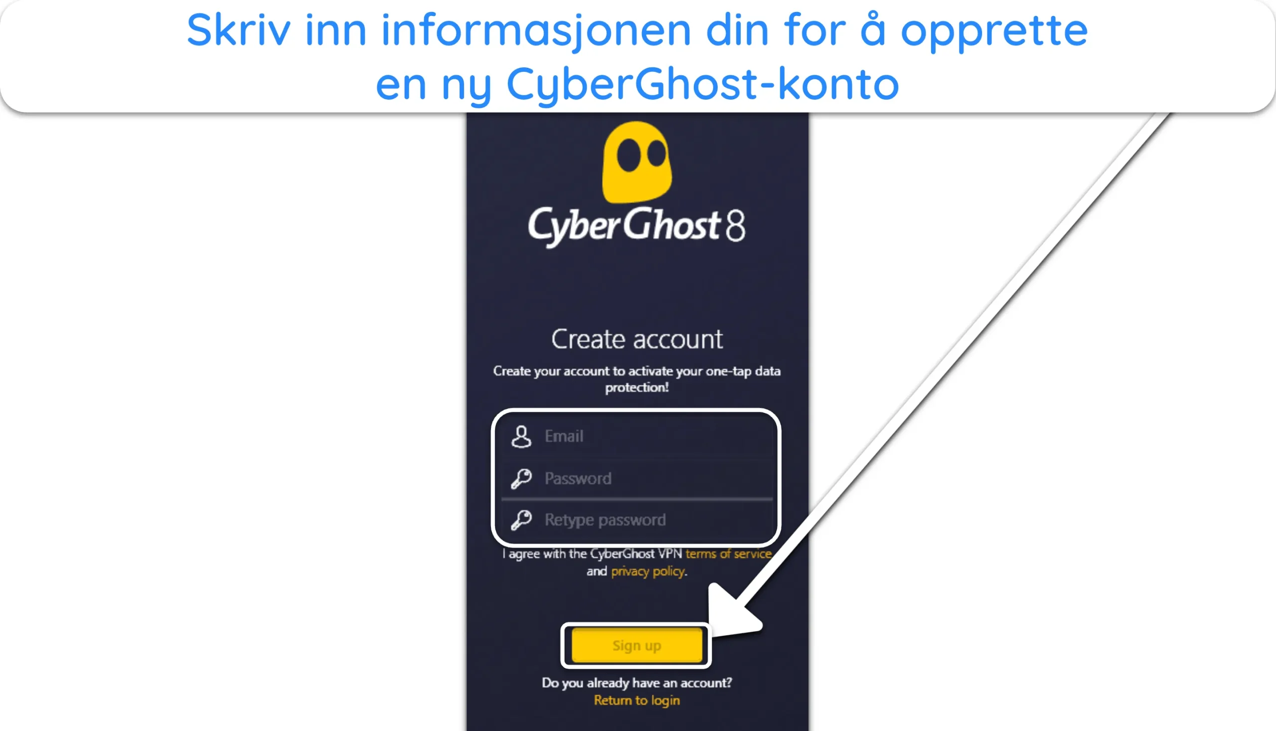 Skjermbilde som viser hvordan du fullf&oslash;rer registreringen for CyberGhost.