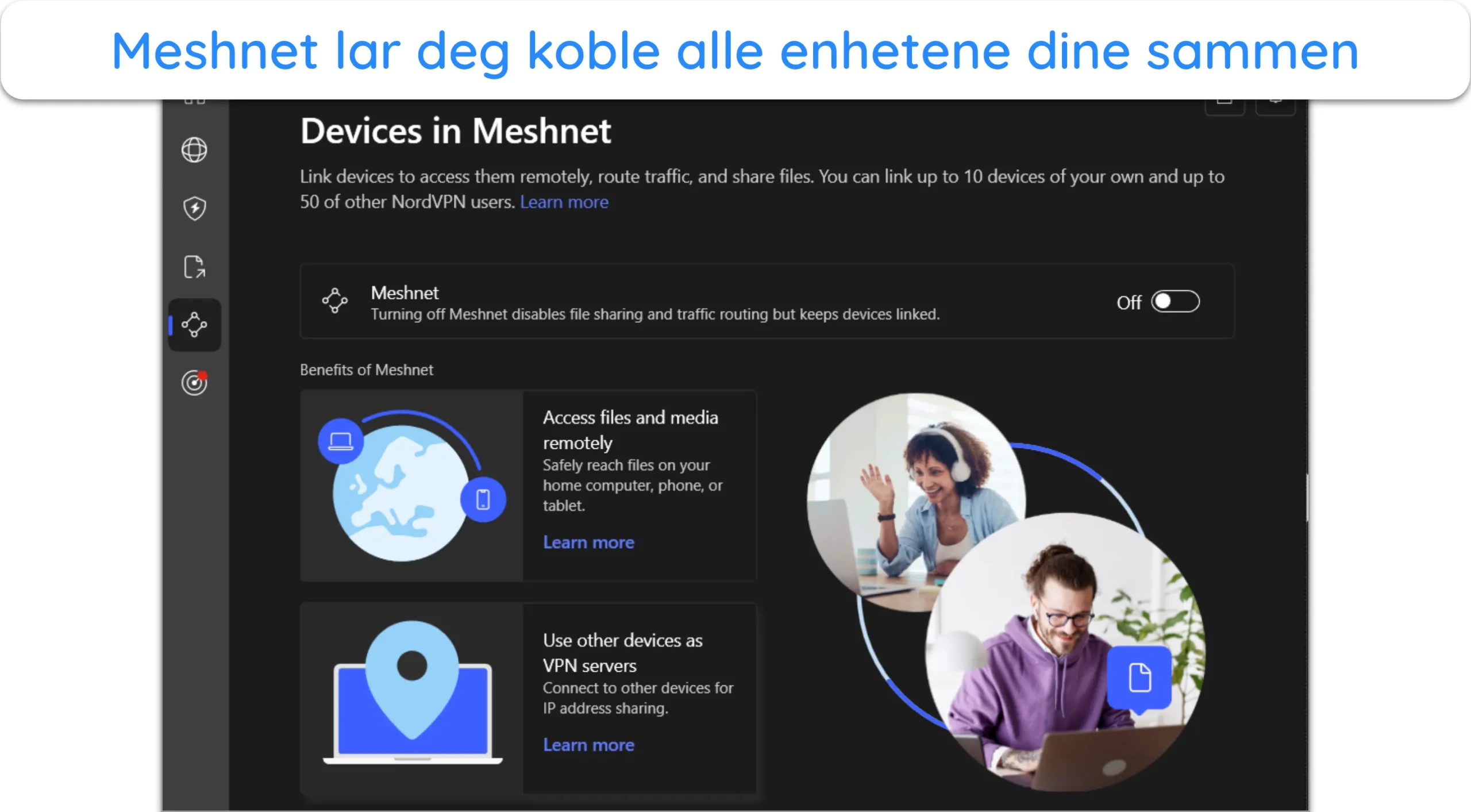 Skjermbilde av NordVPNs Meshnet-funksjon.