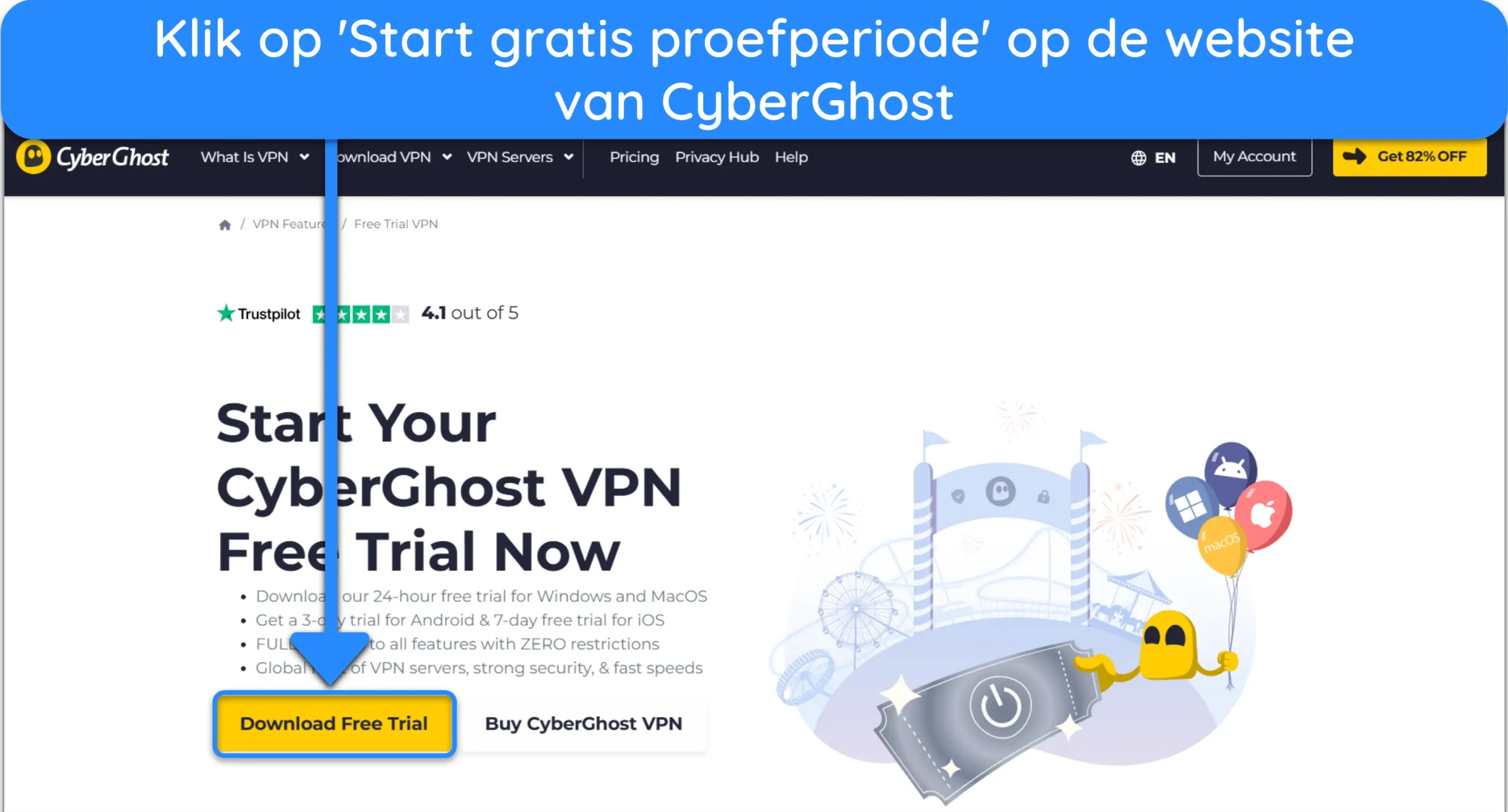 Screenshot van hoe je de gratis proefperiode van CyberGhost kunt aanvragen via de offici&euml;le website.