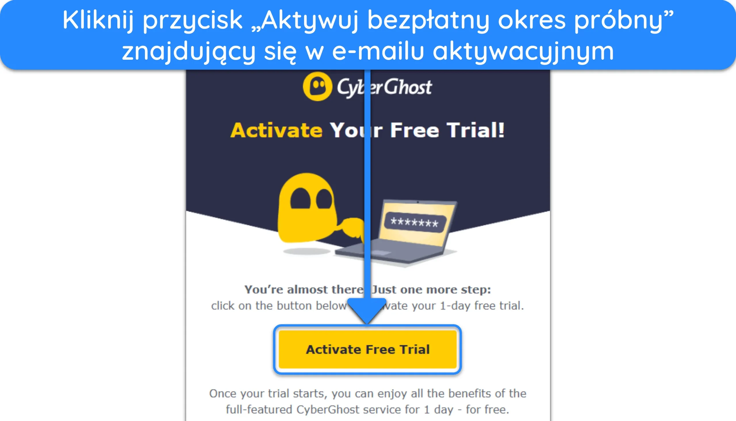 Zrzut ekranu pokazujący, jak aktywować bezpłatną wersję pr&oacute;bną po zarejestrowaniu się w CyberGhost.