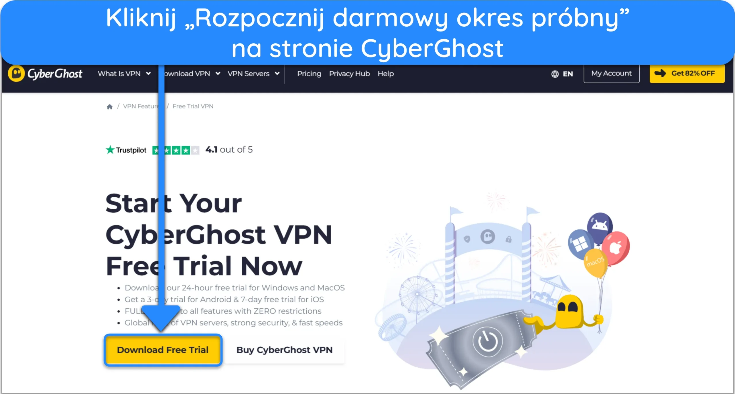 Zrzut ekranu pokazujący, jak uzyskać bezpłatną wersję pr&oacute;bną CyberGhost z oficjalnej strony internetowej.
