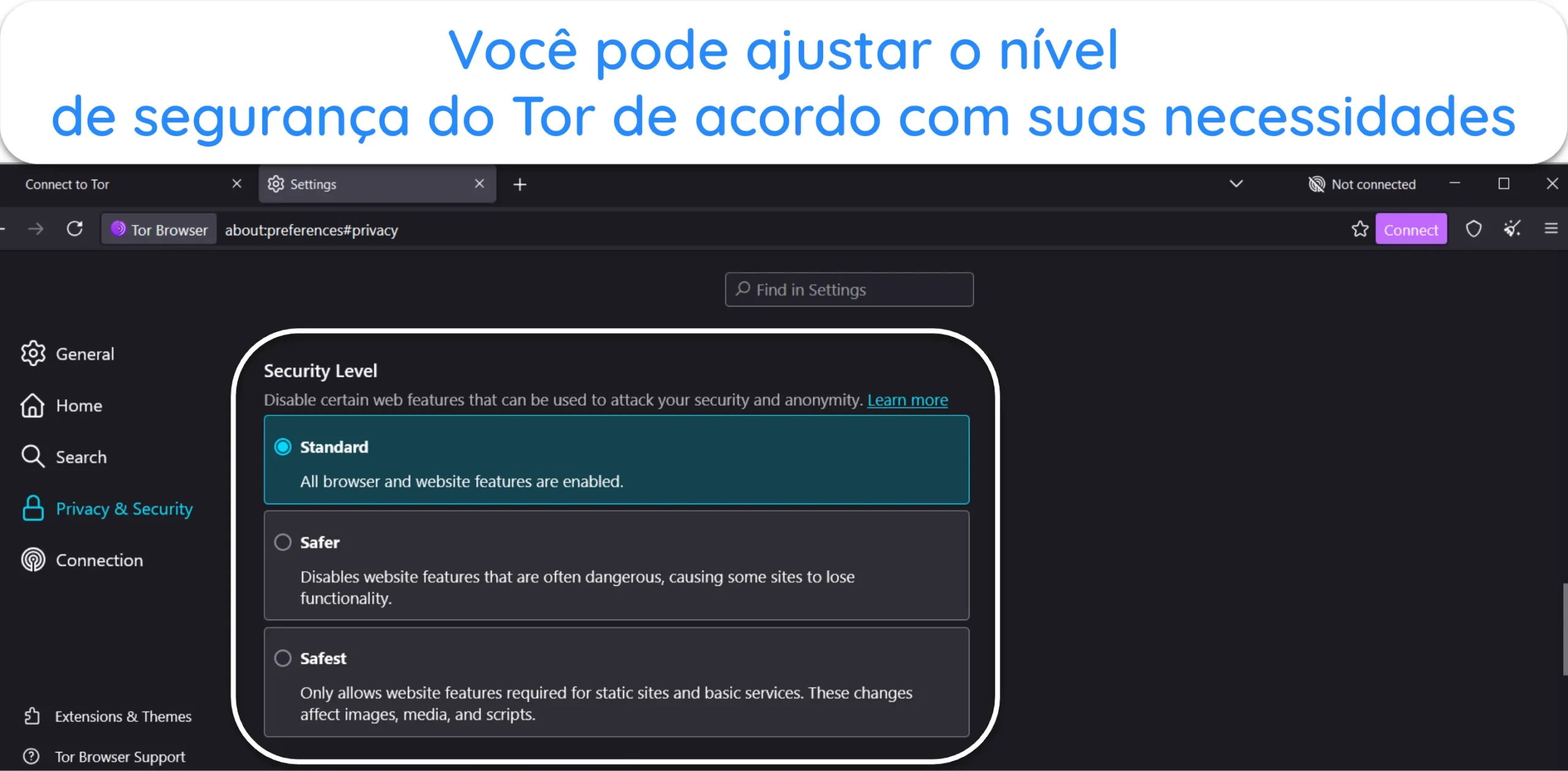 Captura de tela mostrando a op&ccedil;&atilde;o N&iacute;vel de seguran&ccedil;a nas configura&ccedil;&otilde;es do Tor