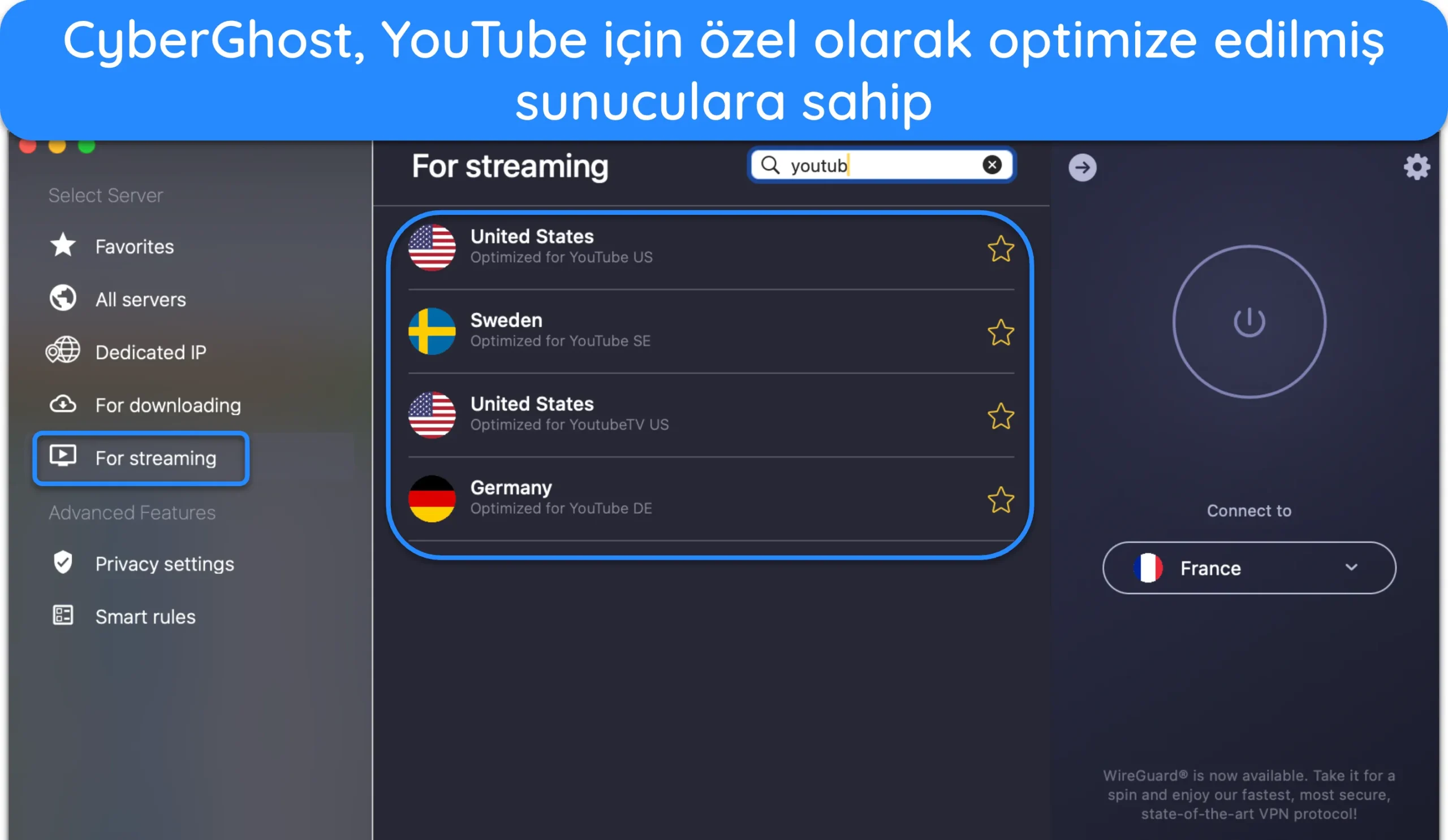 CyberGhost'un YouTube'a optimize edilmiş sunucular listesinin ekran g&ouml;r&uuml;nt&uuml;s&uuml;.