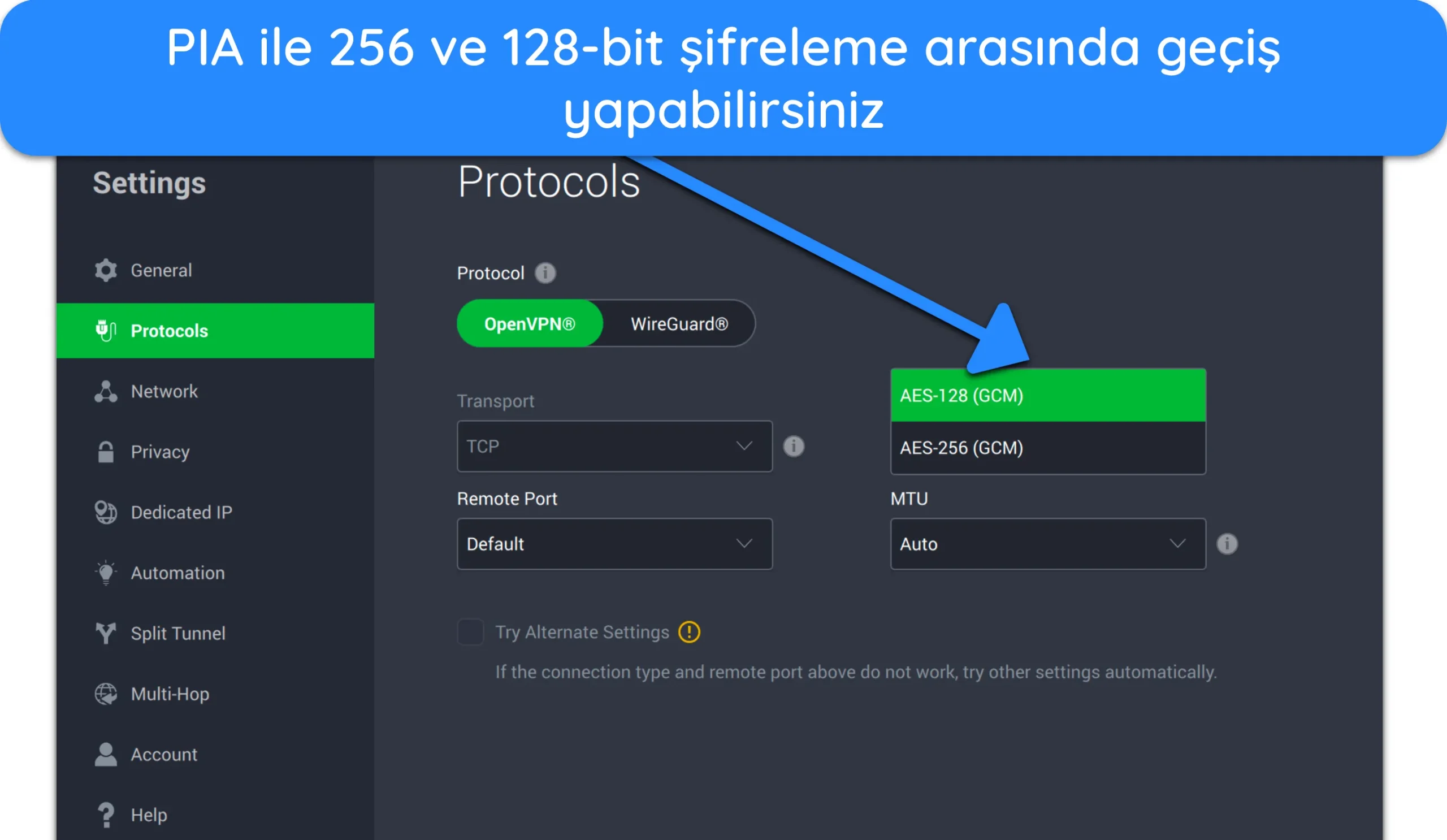 PIA'nın Mac uygulama aray&uuml;z&uuml;n&uuml;n 256-bit ve 128-bit şifreleme protokol&uuml; arasında nasıl ge&ccedil;iş yapılacağını g&ouml;steren ekran g&ouml;r&uuml;nt&uuml;s&uuml;.