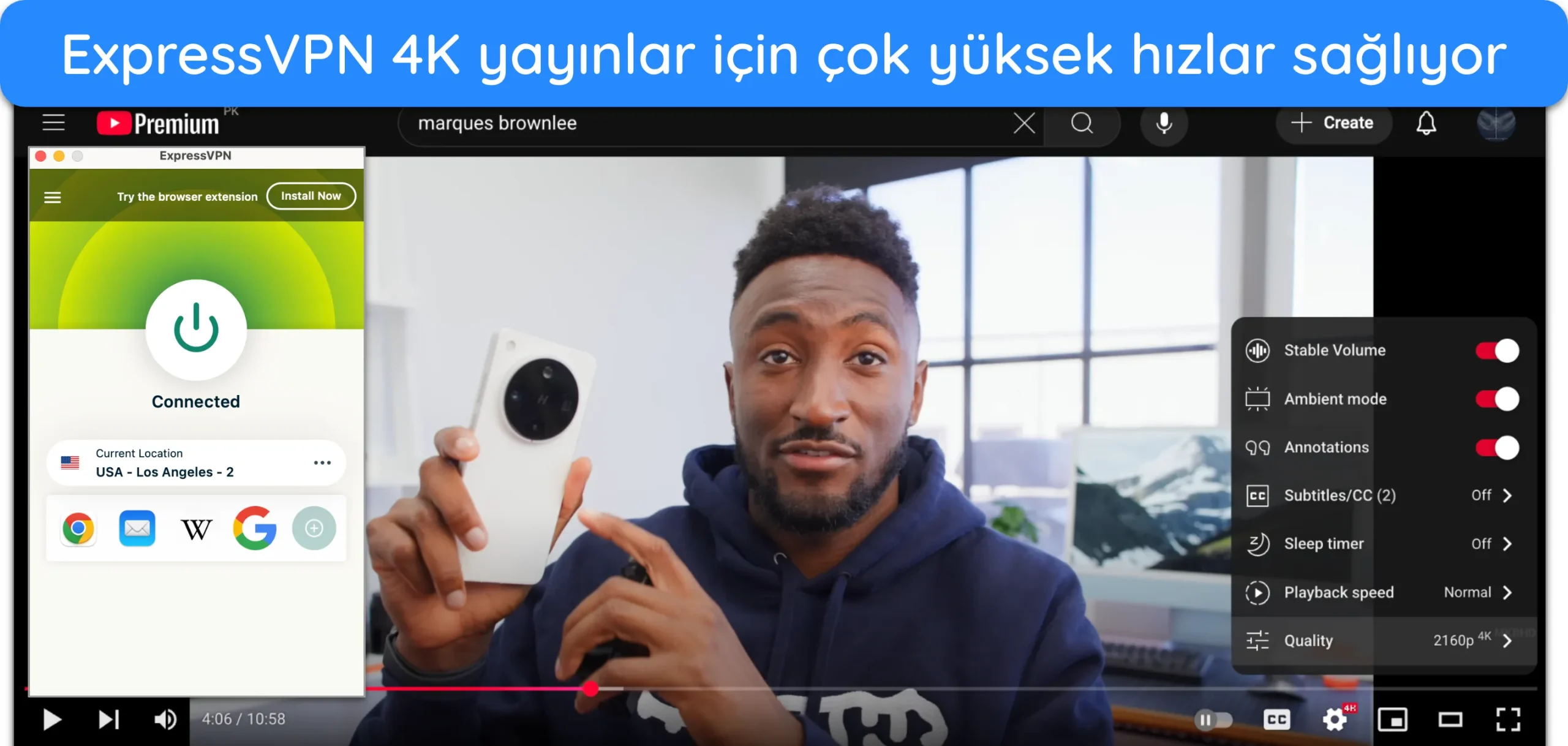Los Angeles'taki ExpressVPN'in ABD sunucusuna bağlıyken UHD olarak yayınlanan MKBHD'nin teknoloji incelemelerinden birinin ekran g&ouml;r&uuml;nt&uuml;s&uuml;.