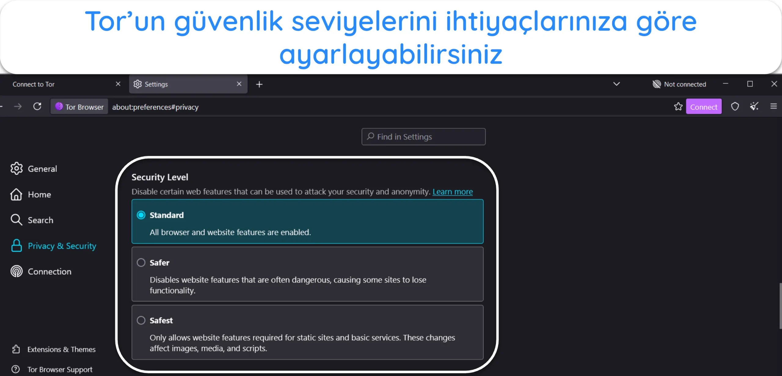 Tor ayarlarındaki G&uuml;venlik D&uuml;zeyi se&ccedil;eneğini g&ouml;steren ekran g&ouml;r&uuml;nt&uuml;s&uuml;