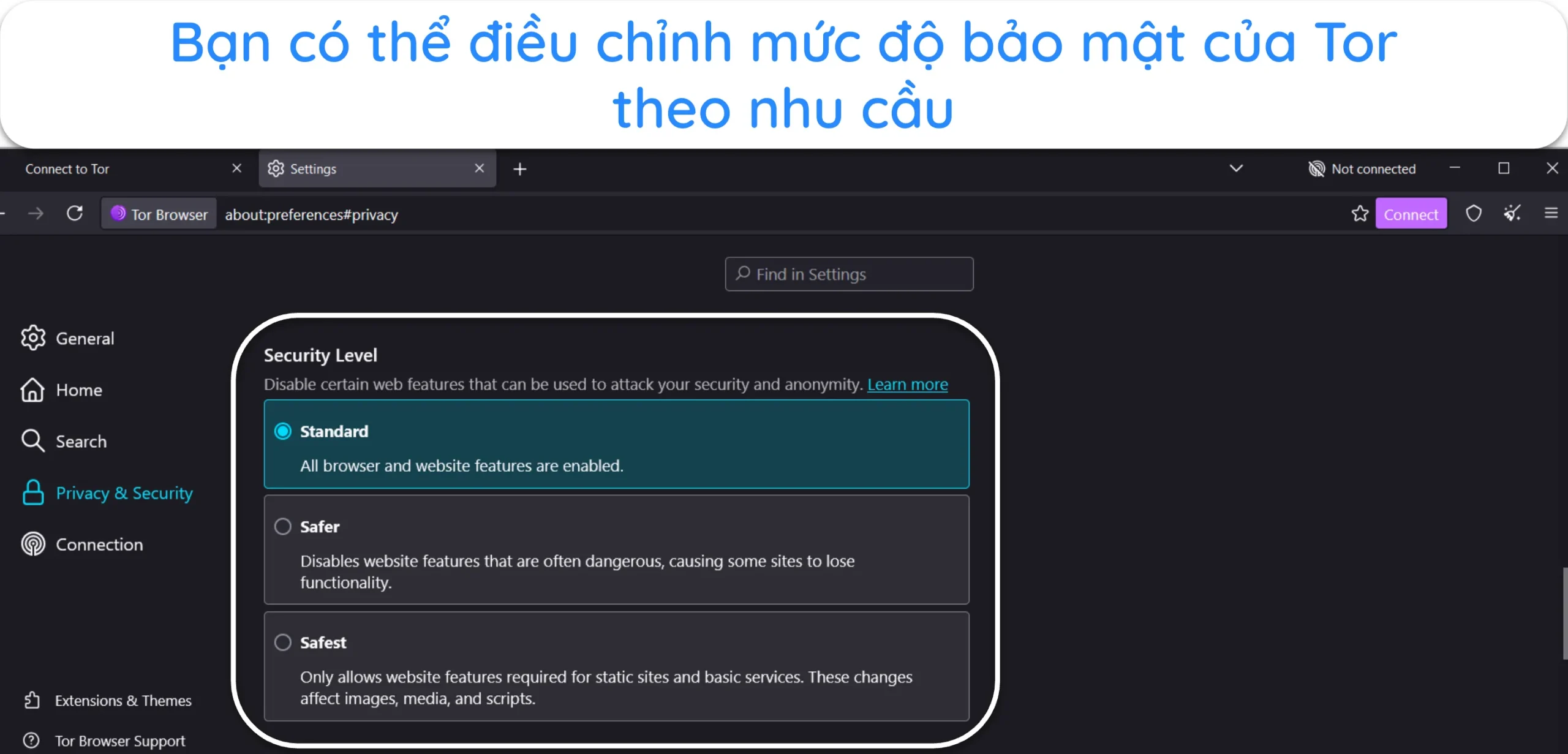 Ảnh chụp m&agrave;n h&igrave;nh hiển thị t&ugrave;y chọn Mức độ bảo mật trong c&agrave;i đặt của Tor