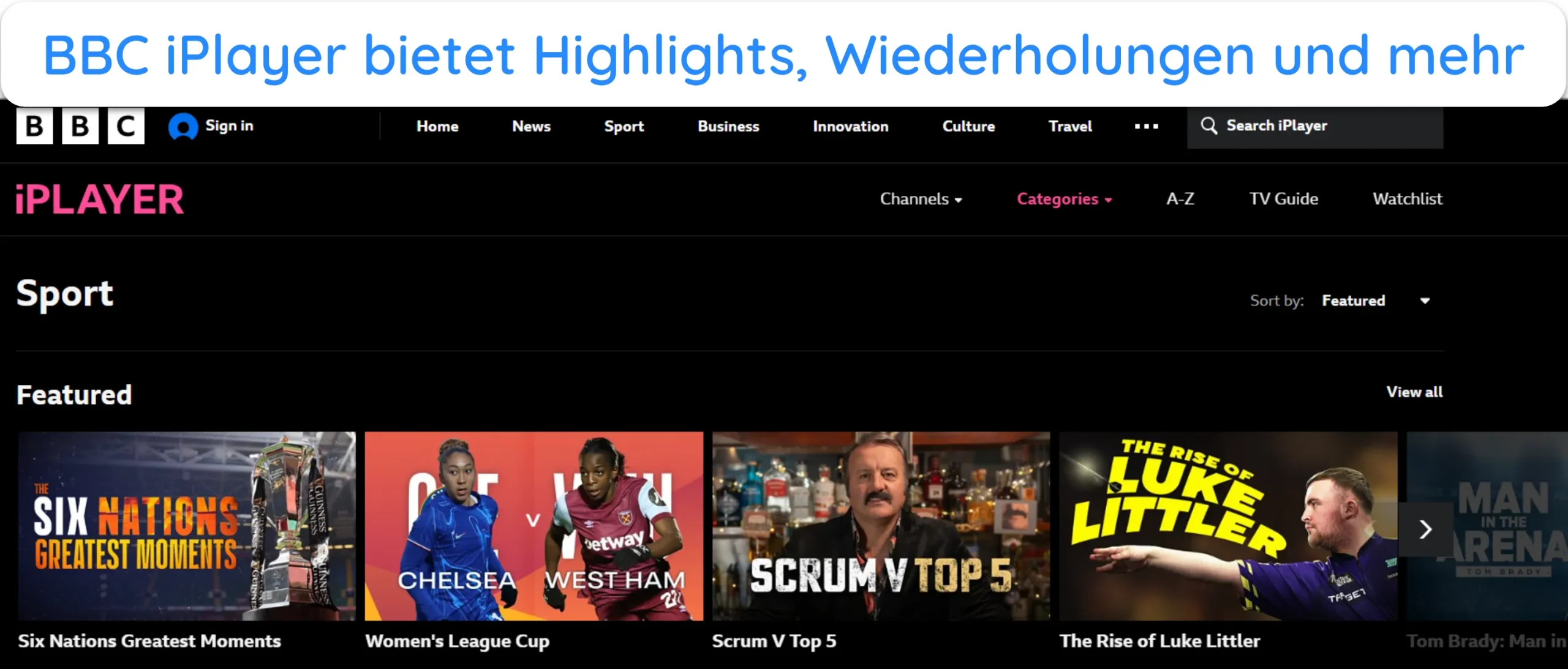Screenshot der verschiedenen Sportinhalte auf BBC iPlayer.