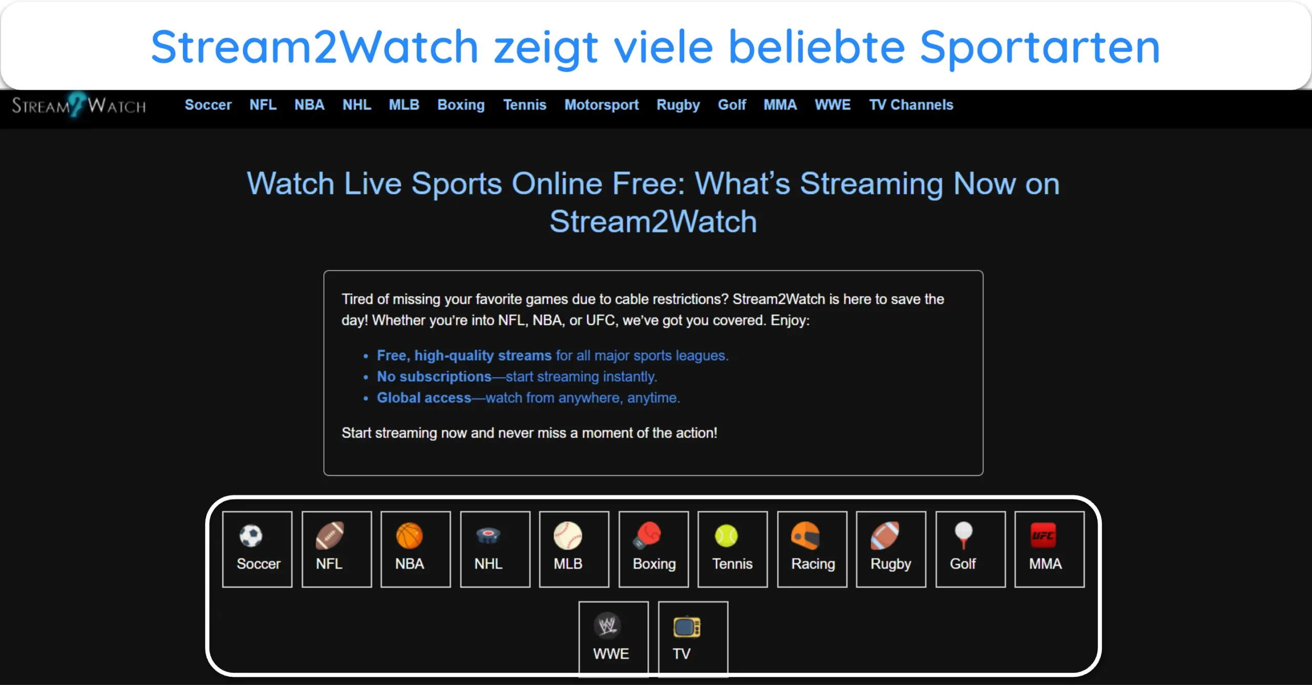Screenshot der verschiedenen Sportarten auf Stream2Watch.