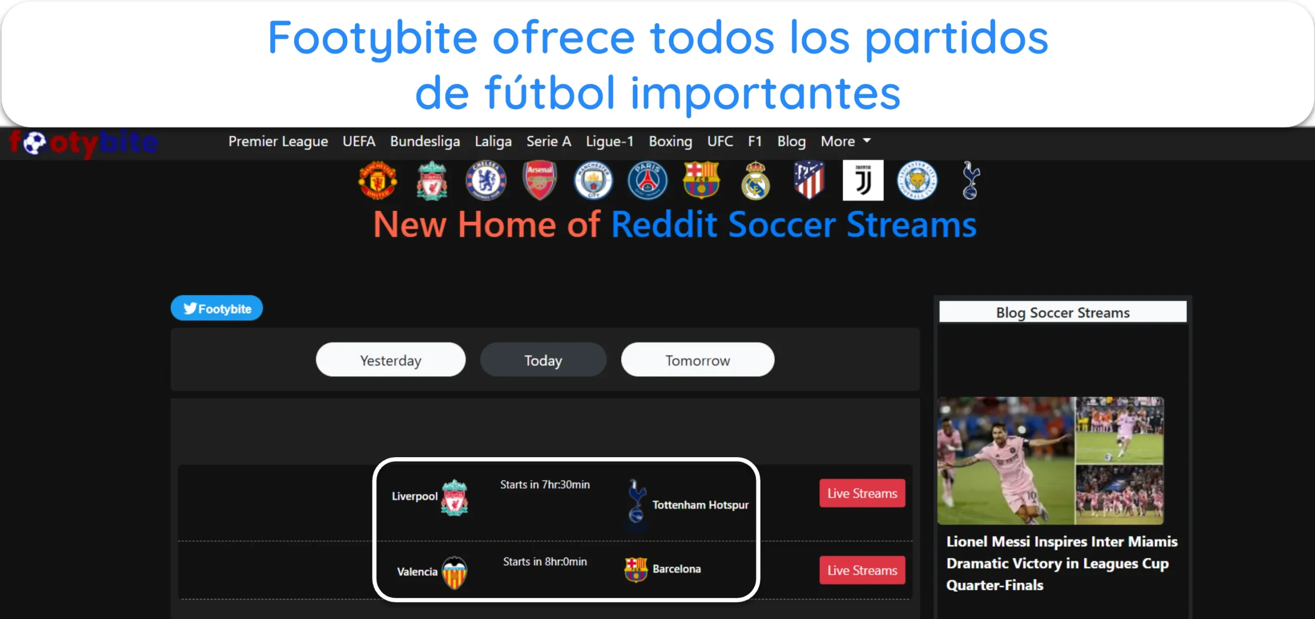 Captura de pantalla de FootyBite que destaca los pr&oacute;ximos partidos de f&uacute;tbol importantes.