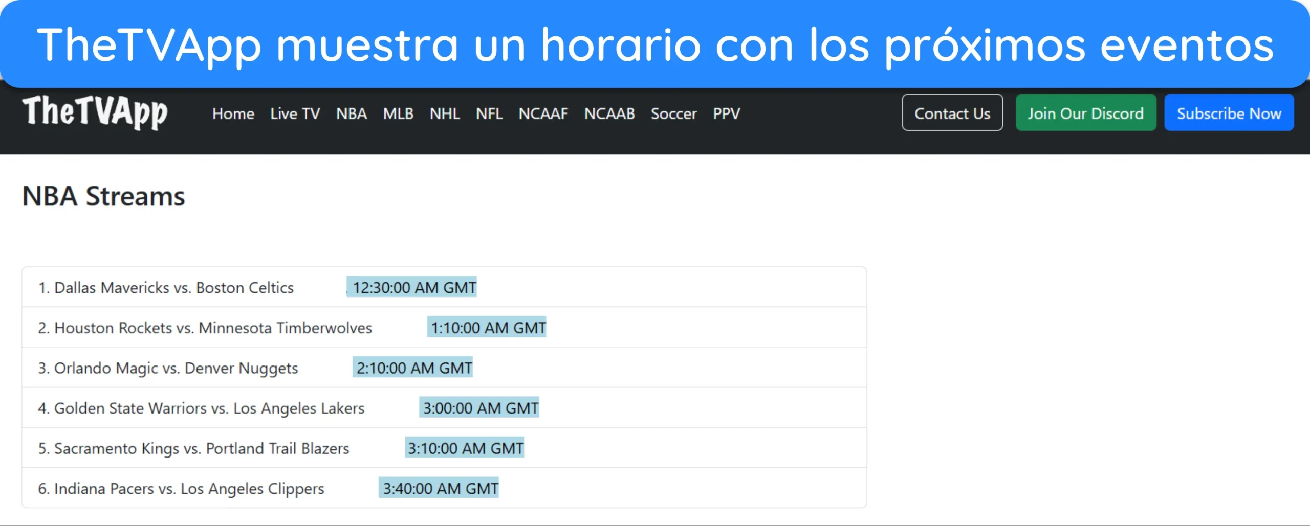 Captura de pantalla que muestra el calendario de los pr&oacute;ximos partidos de la NBA en TheTVApp.