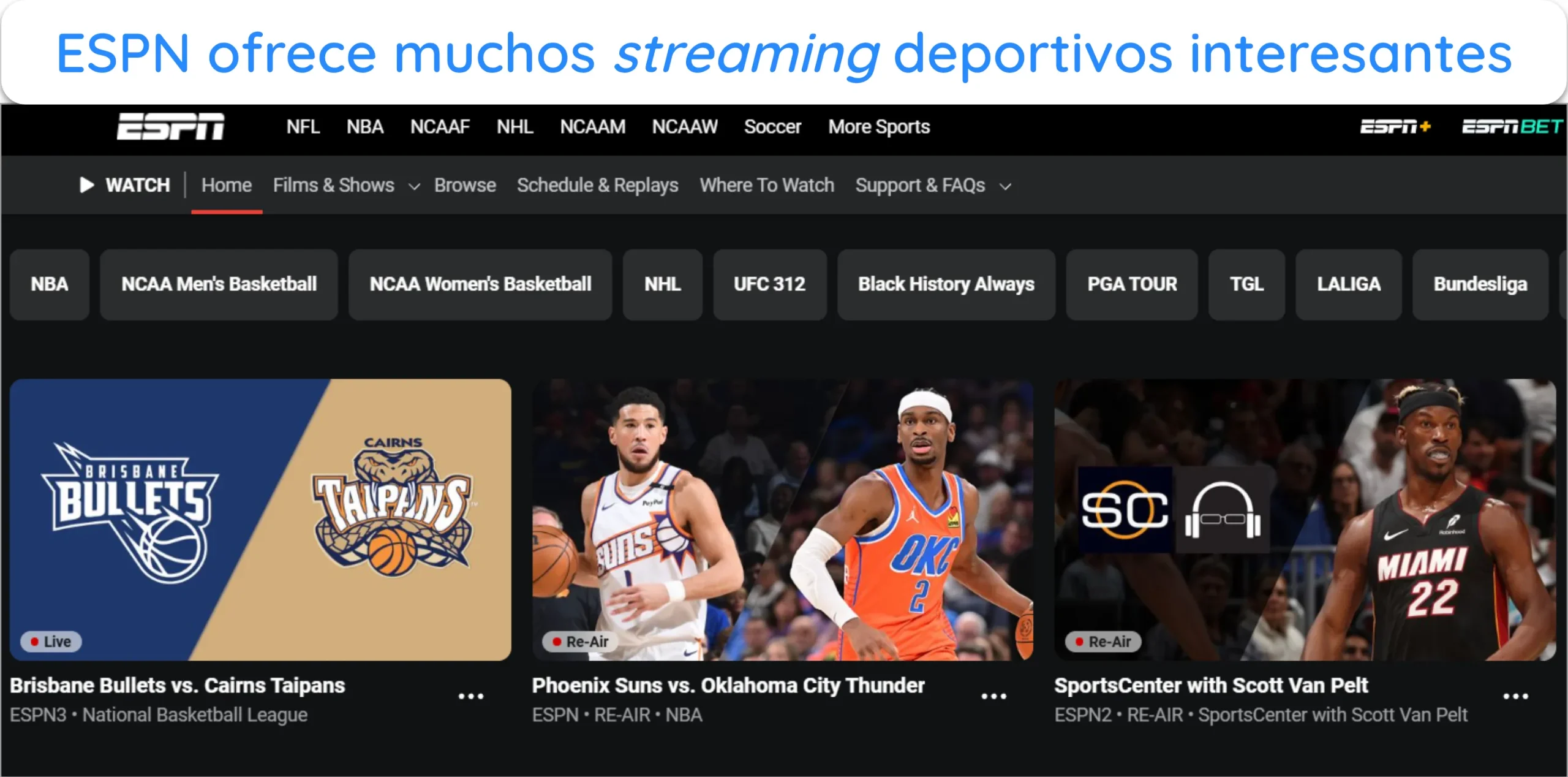 Captura de pantalla que muestra la p&aacute;gina principal de streaming de ESPN.