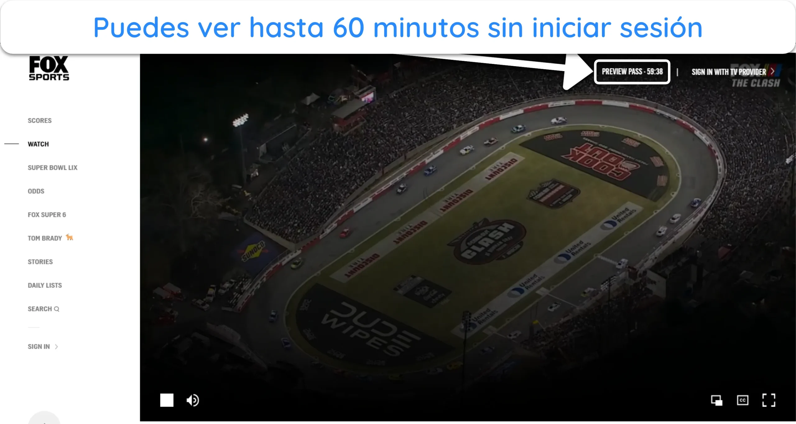Captura de pantalla de Fox Sports que permite ver 60 minutos antes de iniciar sesi&oacute;n.