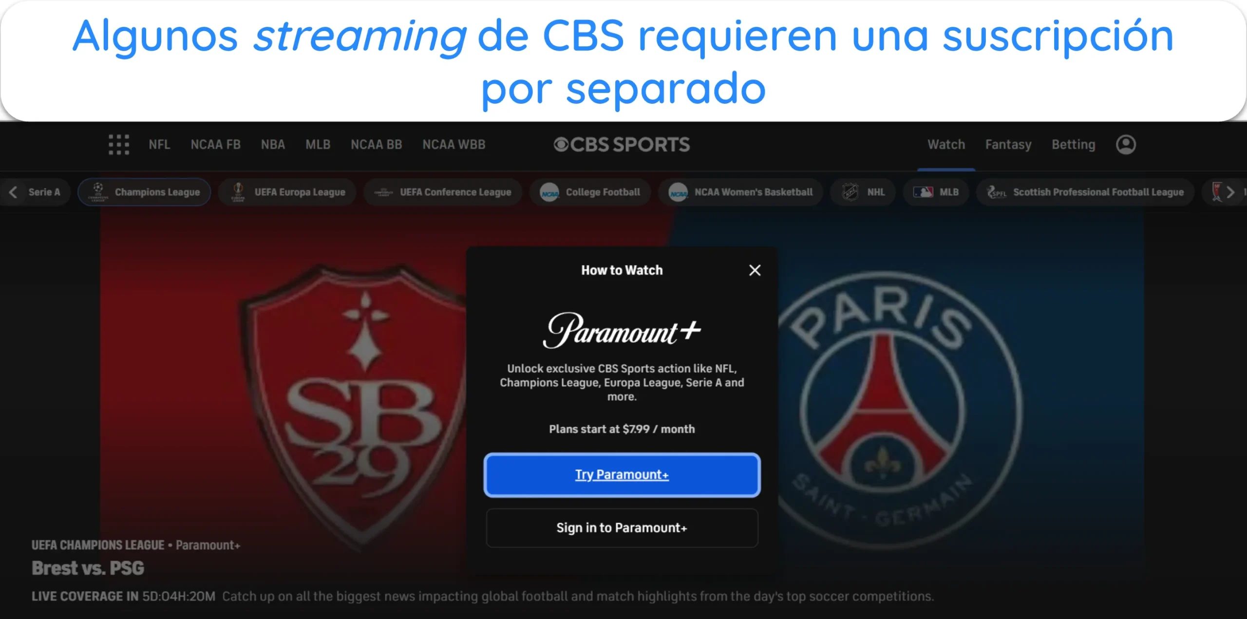 Captura de pantalla de CBS Sports que solicita iniciar sesi&oacute;n en Paramount+ para una transmisi&oacute;n espec&iacute;fica.