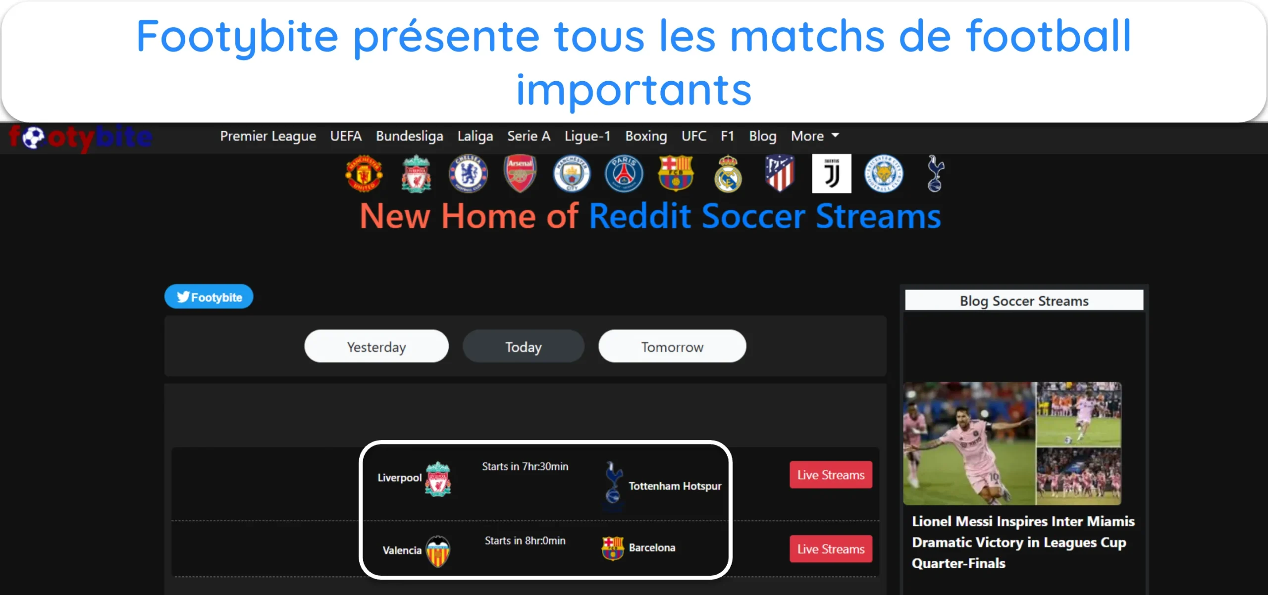 Capture d'&eacute;cran de FootyBite mettant en avant les matchs de football importants &agrave; venir.