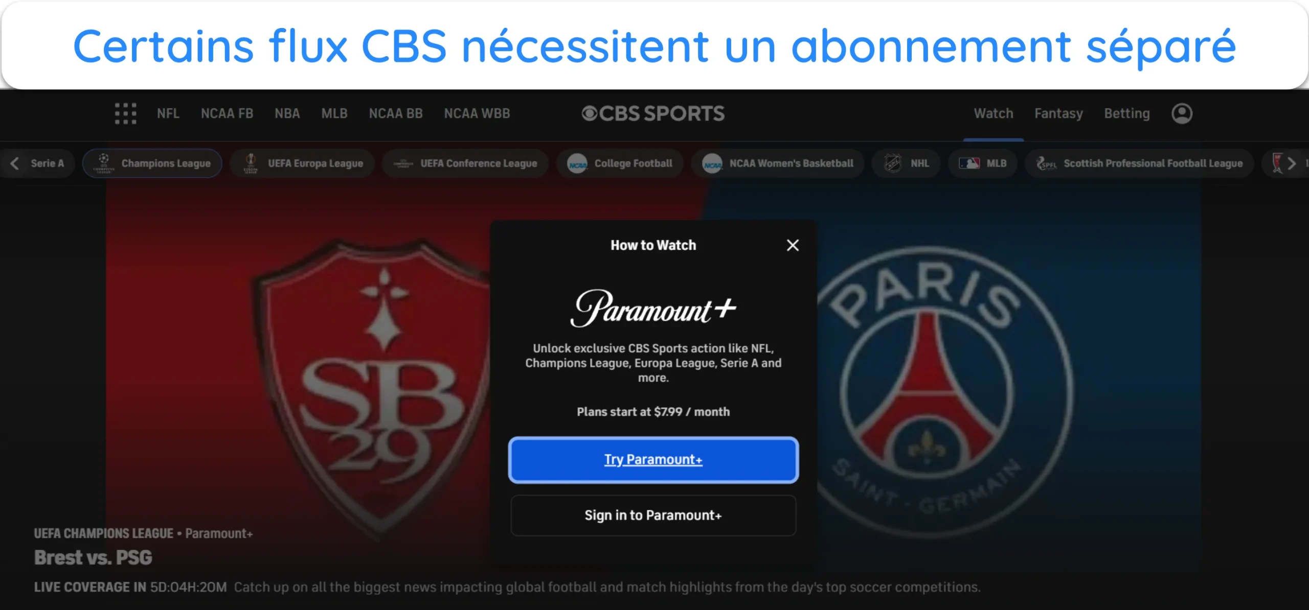 Capture d'&eacute;cran de CBS Sports demandant un identifiant Paramount+ pour un flux sp&eacute;cifique.