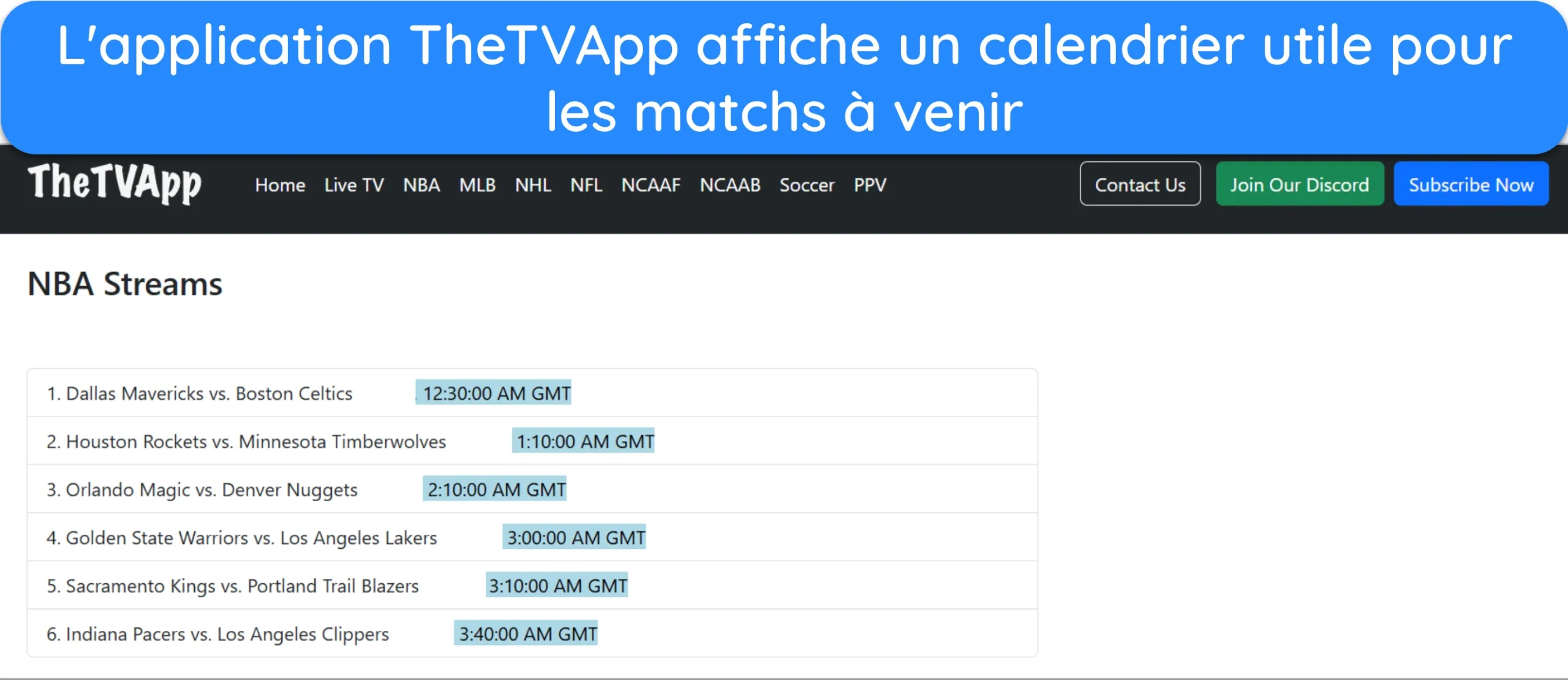 Capture d'&eacute;cran montrant le calendrier des prochains matchs NBA sur TheTVApp.