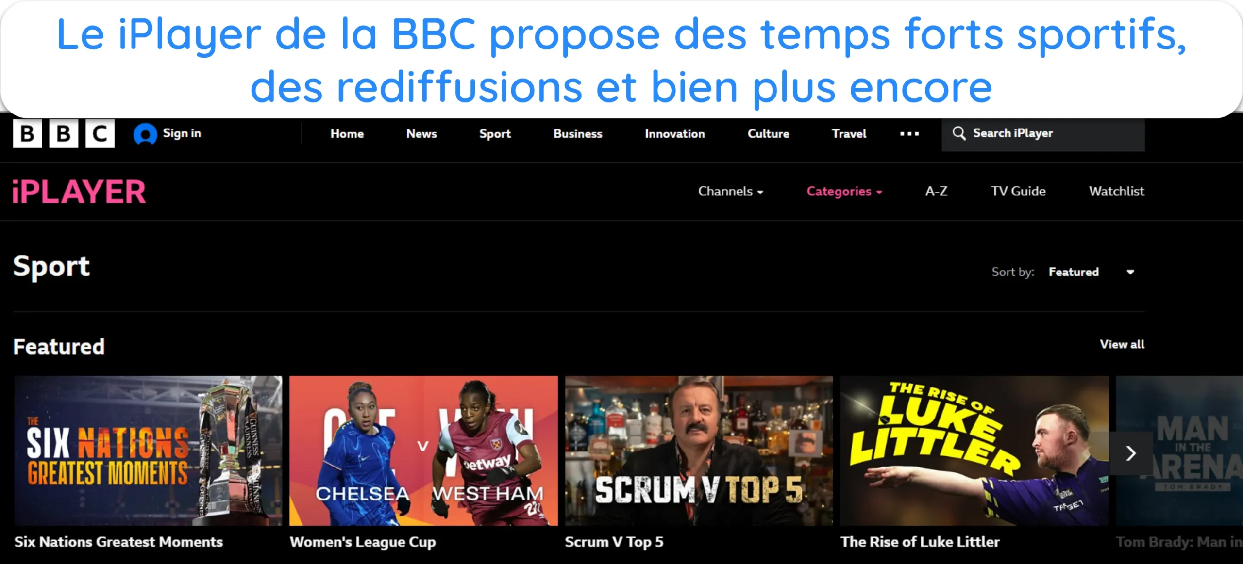 Capture d'&eacute;cran des diff&eacute;rents types de contenus sportifs sur BBC iPlayer.