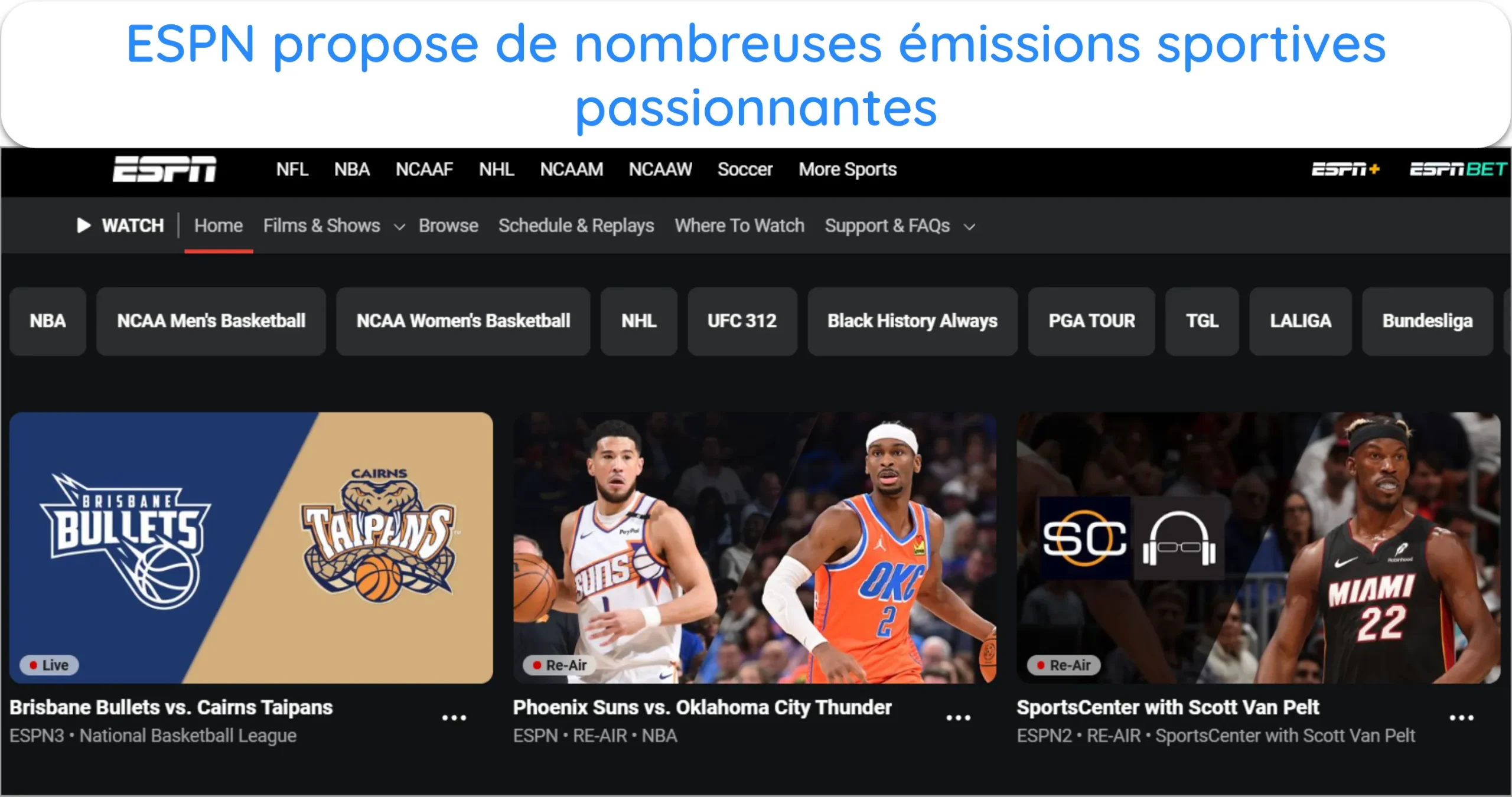 Capture d'&eacute;cran montrant la page principale de streaming d'ESPN.
