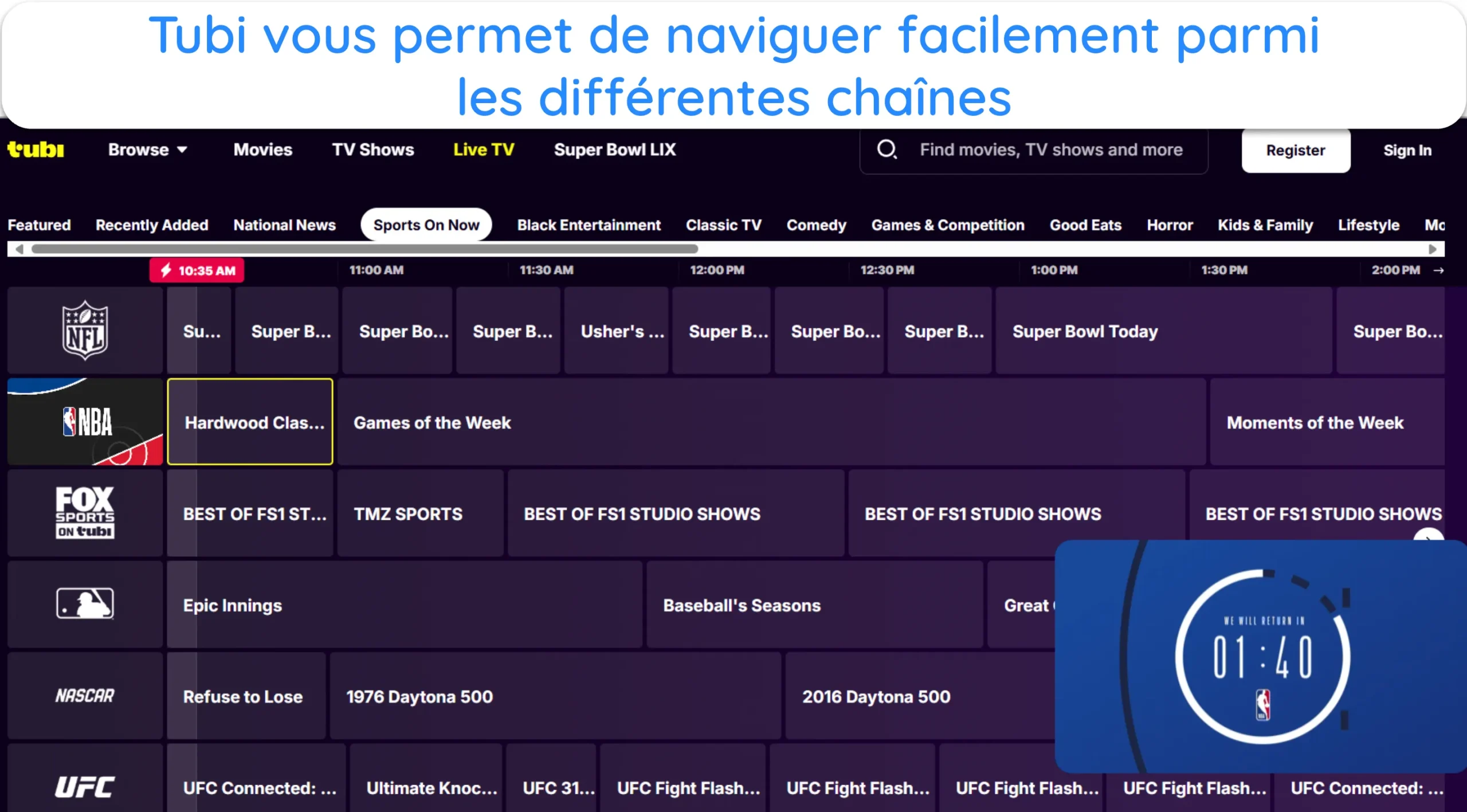 Capture d'&eacute;cran montrant comment naviguer entre les diff&eacute;rentes cha&icirc;nes de Tubi.