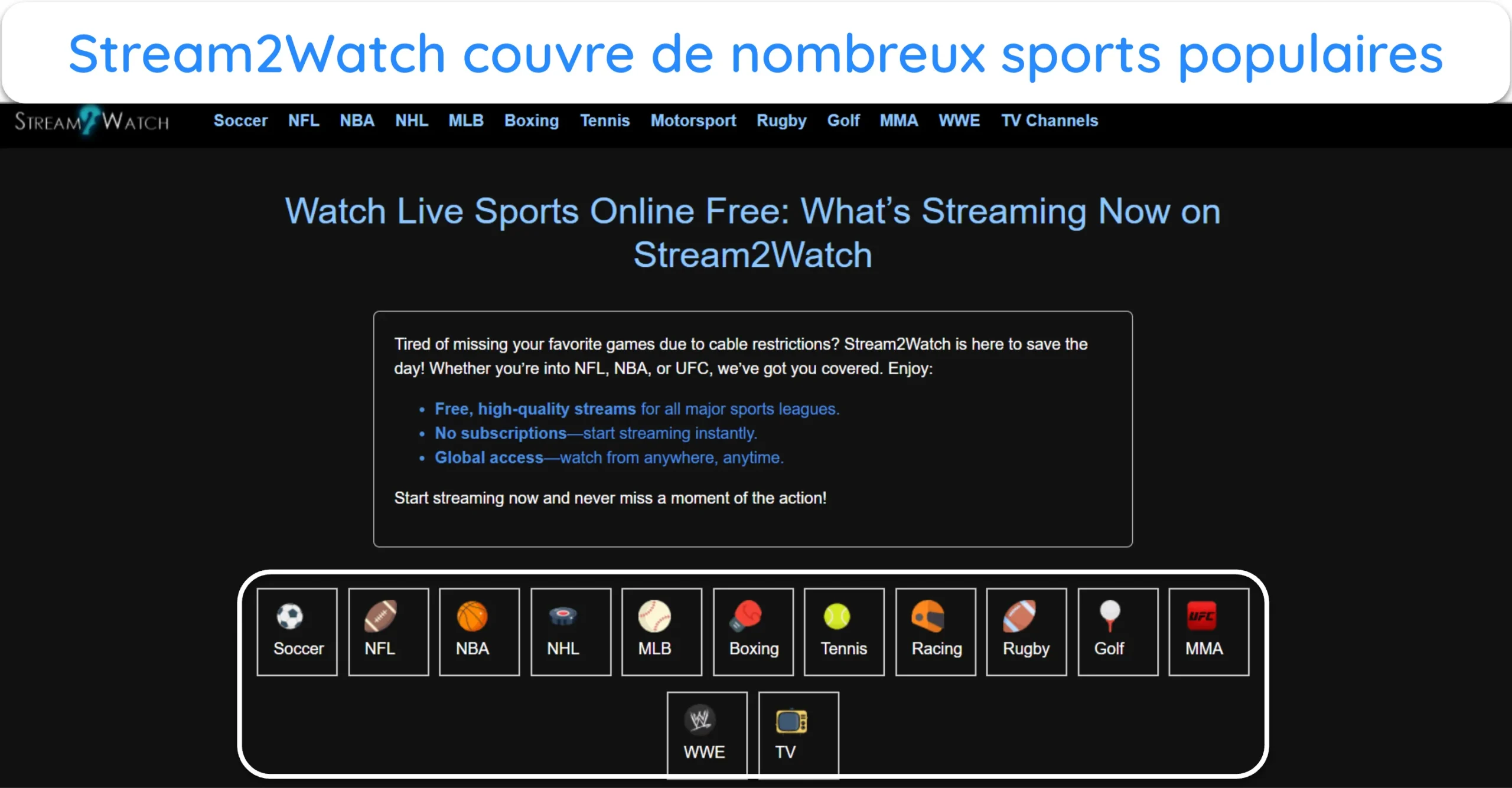 Capture d'&eacute;cran montrant les diff&eacute;rents sports disponibles sur Stream2Watch.