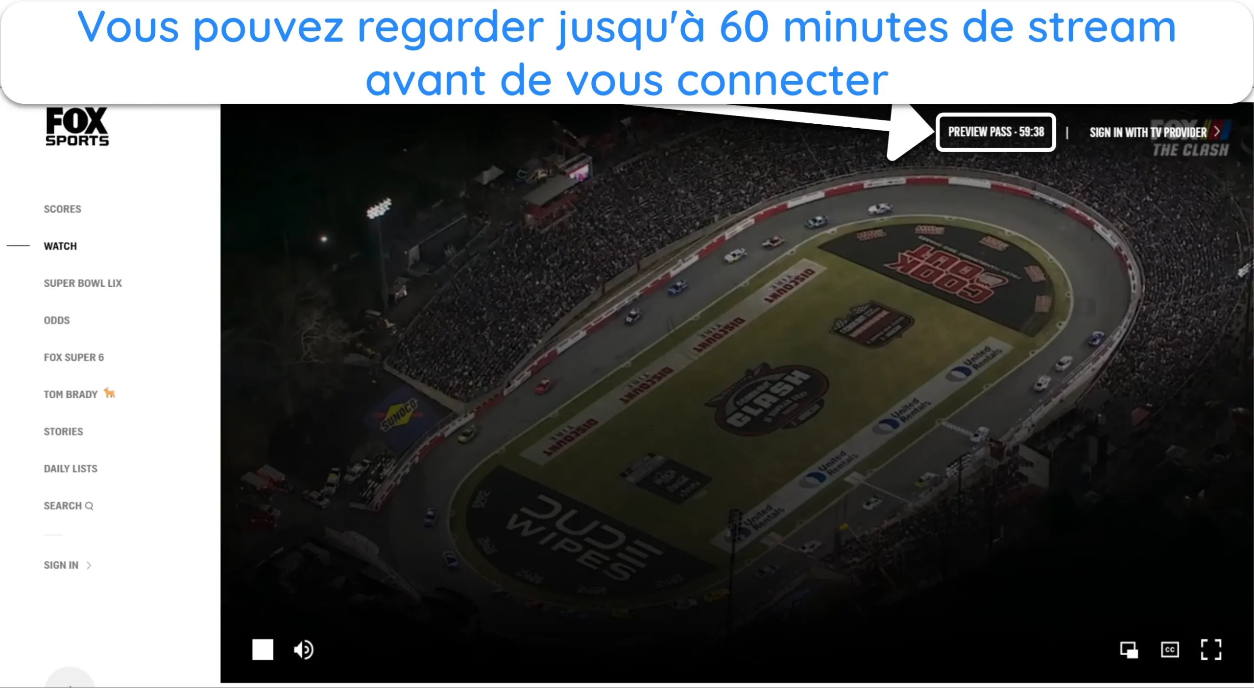 Capture d'&eacute;cran de Fox Sports proposant 60 minutes de visionnage avant de se connecter.
