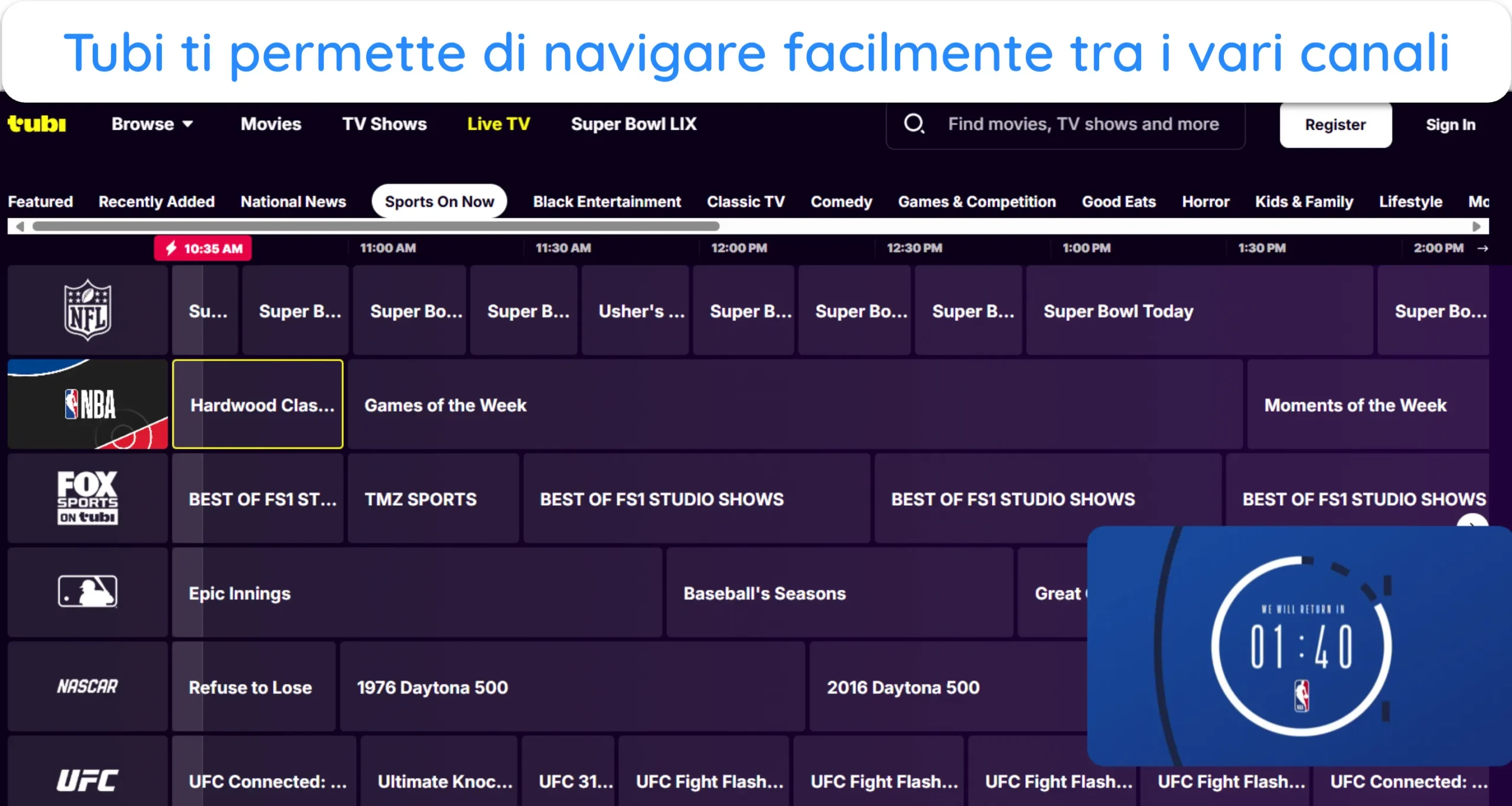 Screenshot che mostra come navigare tra i vari canali di Tubi.