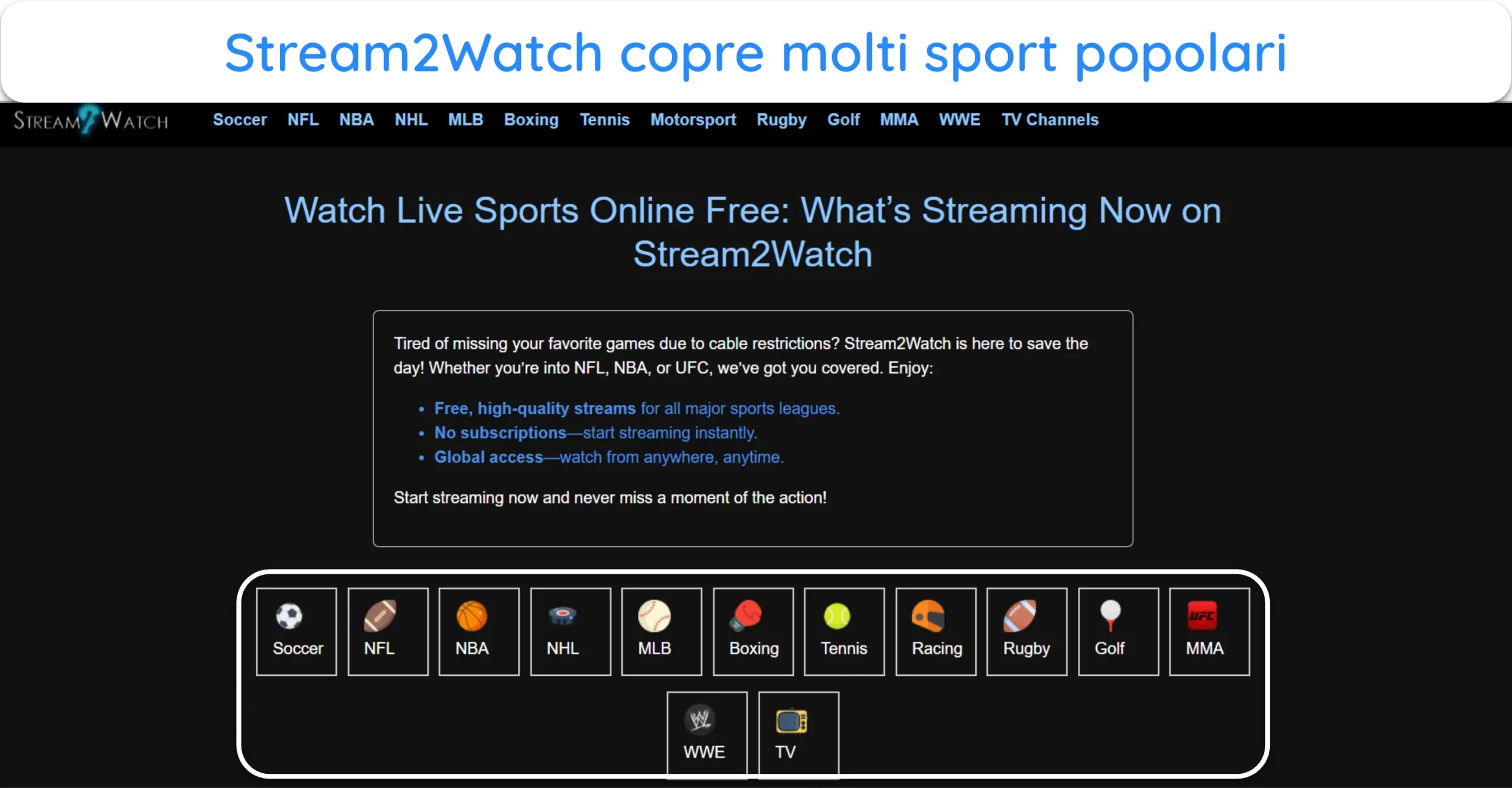 Screenshot che mostra i vari sport disponibili su Stream2Watch.