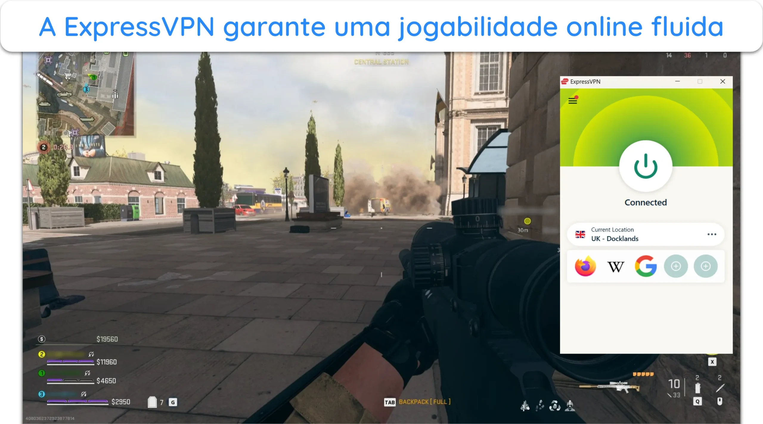 Captura de tela da ExpressVPN proporcionando uma conex&atilde;o est&aacute;vel para jogar Call of Duty: Warzone sem lag.