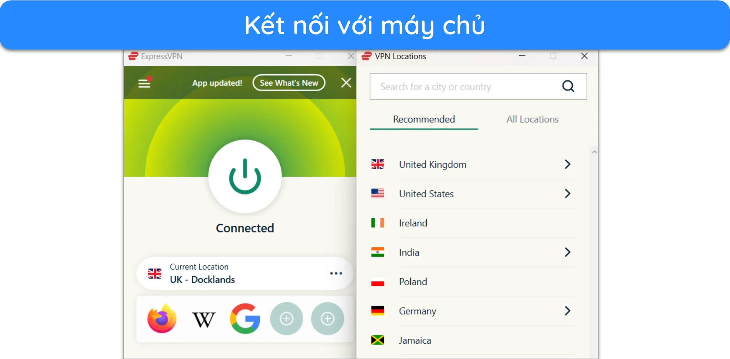 Ảnh chụp m&agrave;n h&igrave;nh hiển thị ExpressVPN được kết nối với m&aacute;y chủ ở Vương quốc Anh.