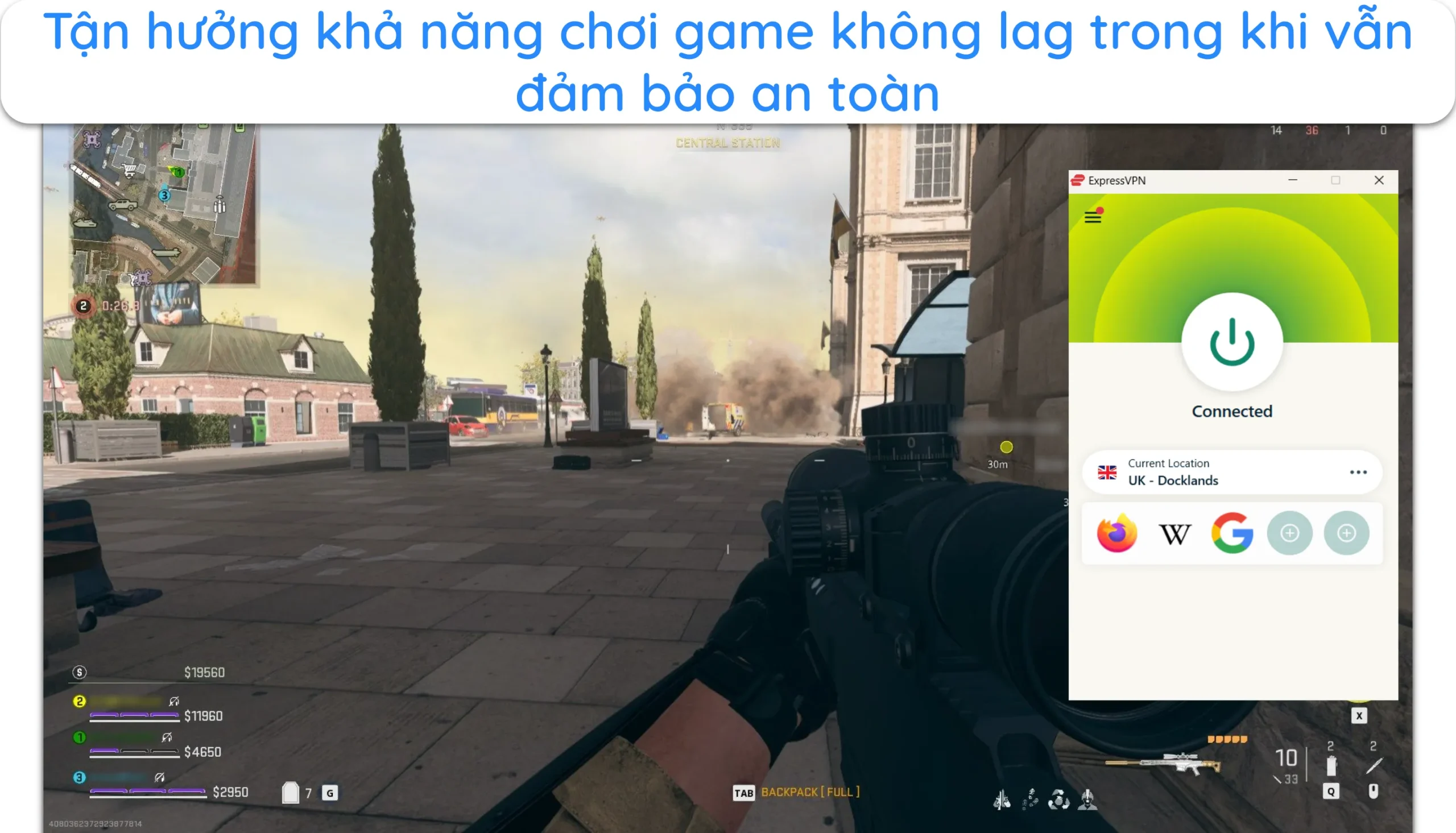 Ảnh chụp m&agrave;n h&igrave;nh hiển thị Call of Duty: Warzone chạy mượt m&agrave; khi kết nối với m&aacute;y chủ ExpressVPN.