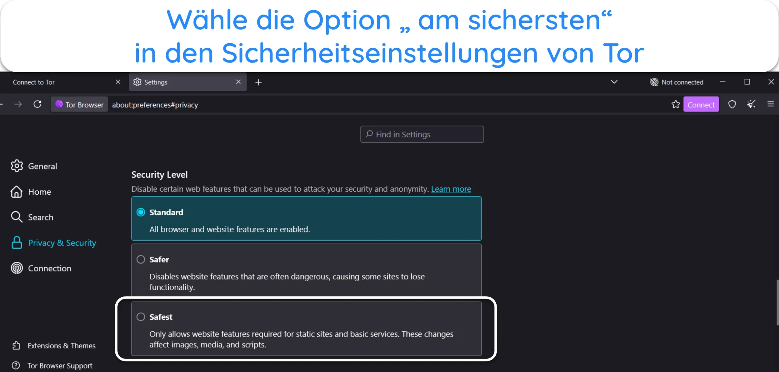 Screenshot zeigt, wie man in den Sicherheitseinstellungen von Tor die h&ouml;chste Sicherheitsoption ausw&auml;hlt.