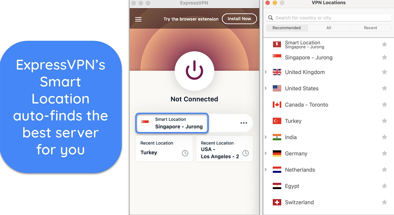 Screenshot of ExpressVPN's macOS interface and list of server locations