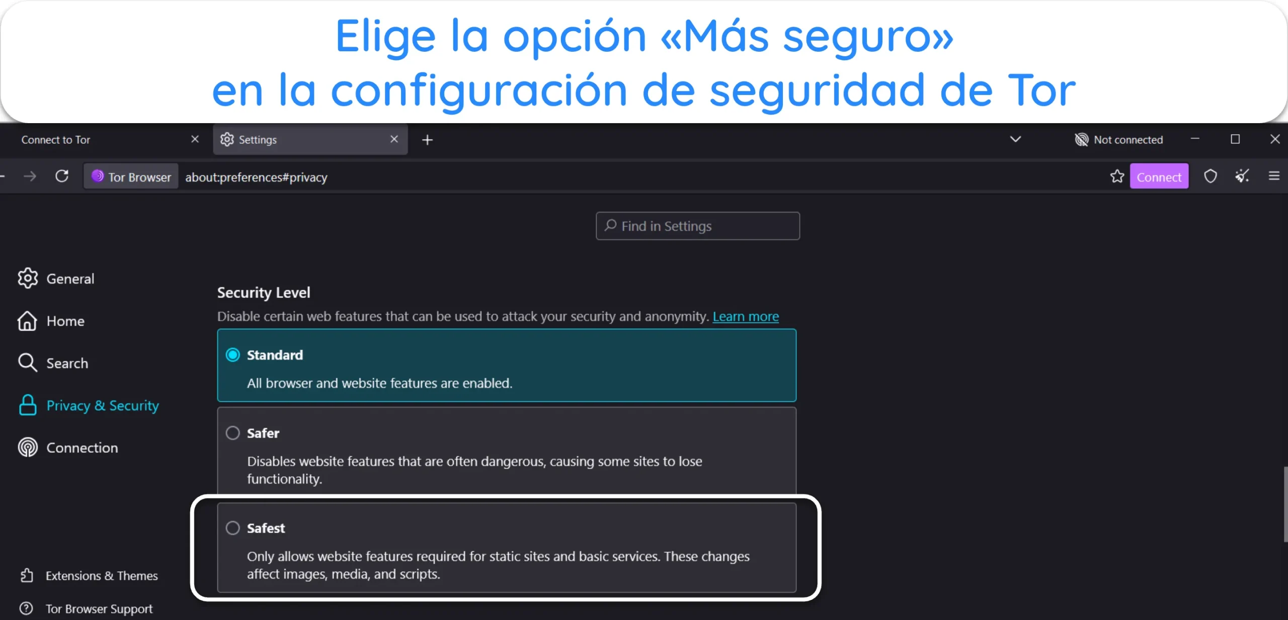 Captura de pantalla que muestra c&oacute;mo elegir la opci&oacute;n de seguridad m&aacute;s alta en la configuraci&oacute;n de seguridad de Tor.