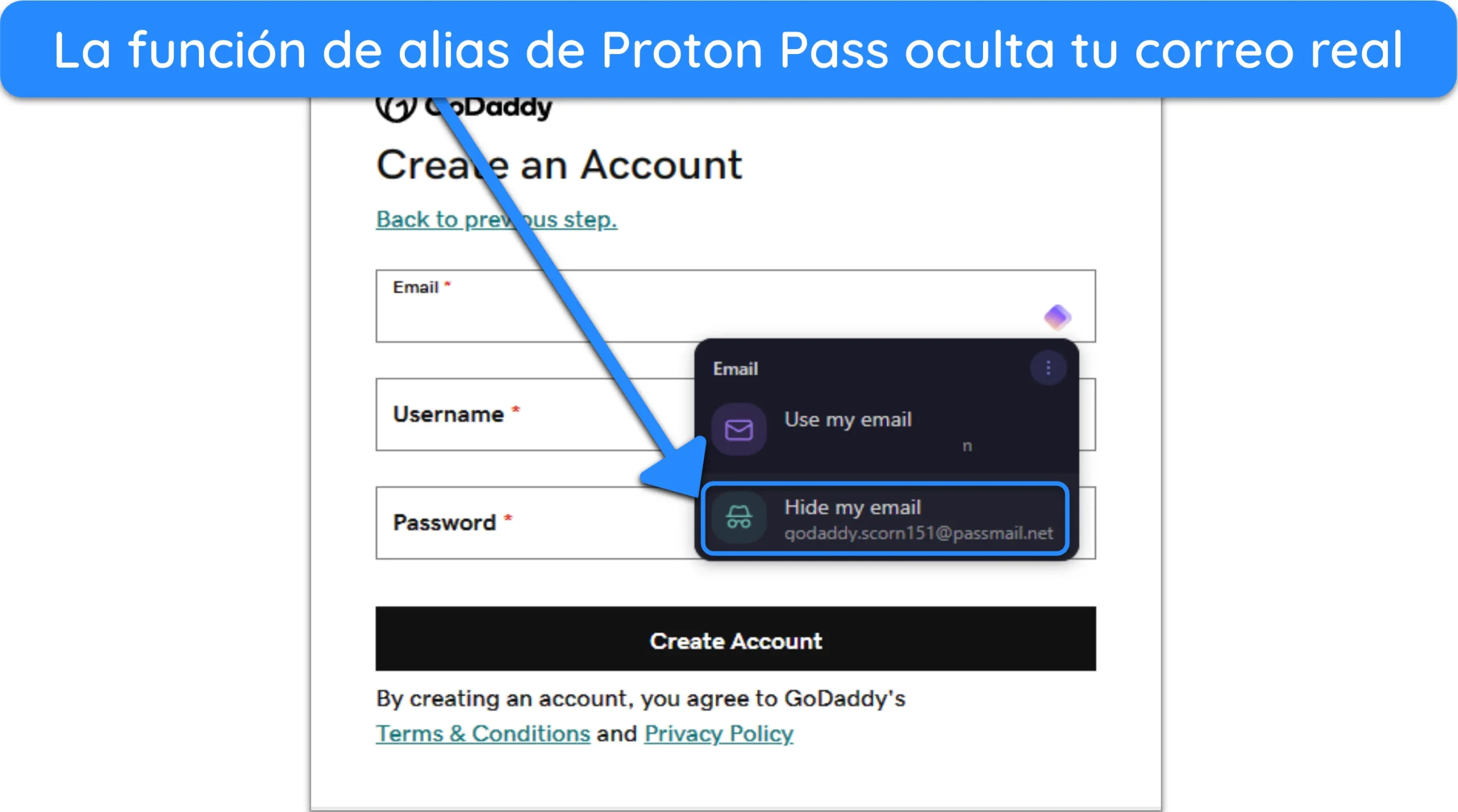 Captura de pantalla de Proton Pass solicitando el uso de un alias en lugar de una direcci&oacute;n de correo electr&oacute;nico real.
