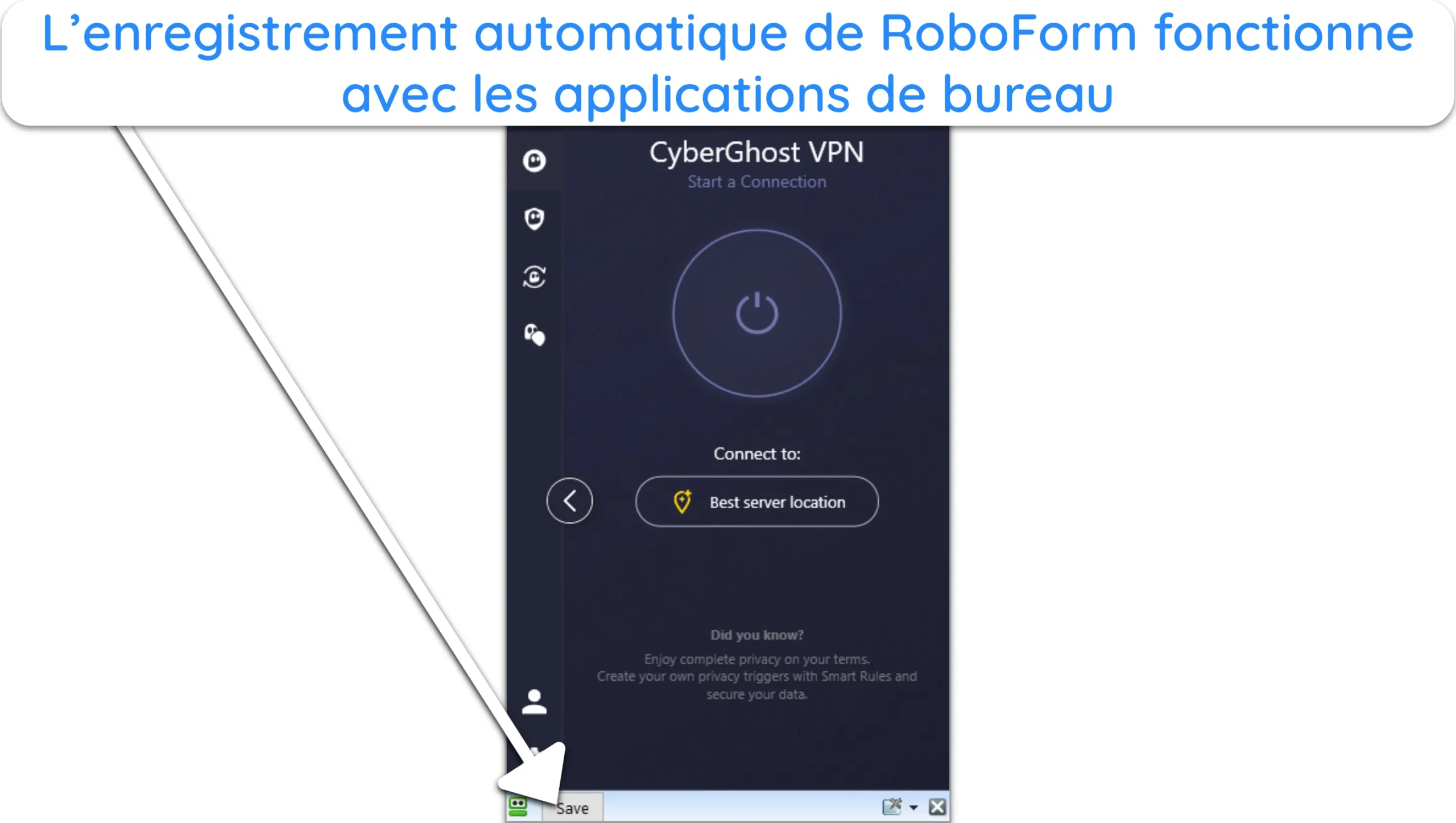 Capture d'&eacute;cran montrant l'enregistrement automatique de RoboForm fonctionnant avec une application de bureau.