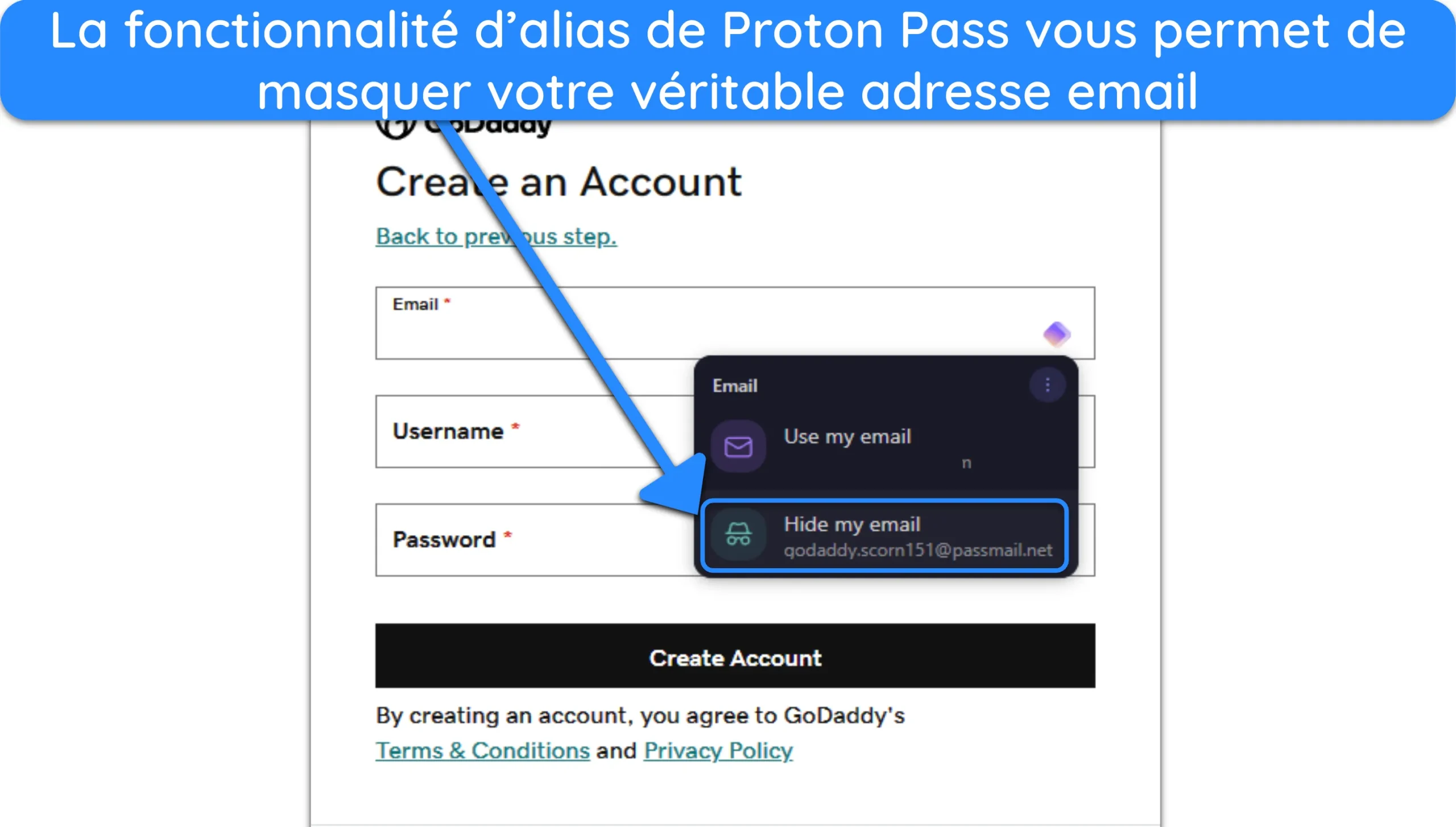 Capture d'&eacute;cran de Proton Pass demandant d'utiliser un alias au lieu d'une v&eacute;ritable adresse e-mail.