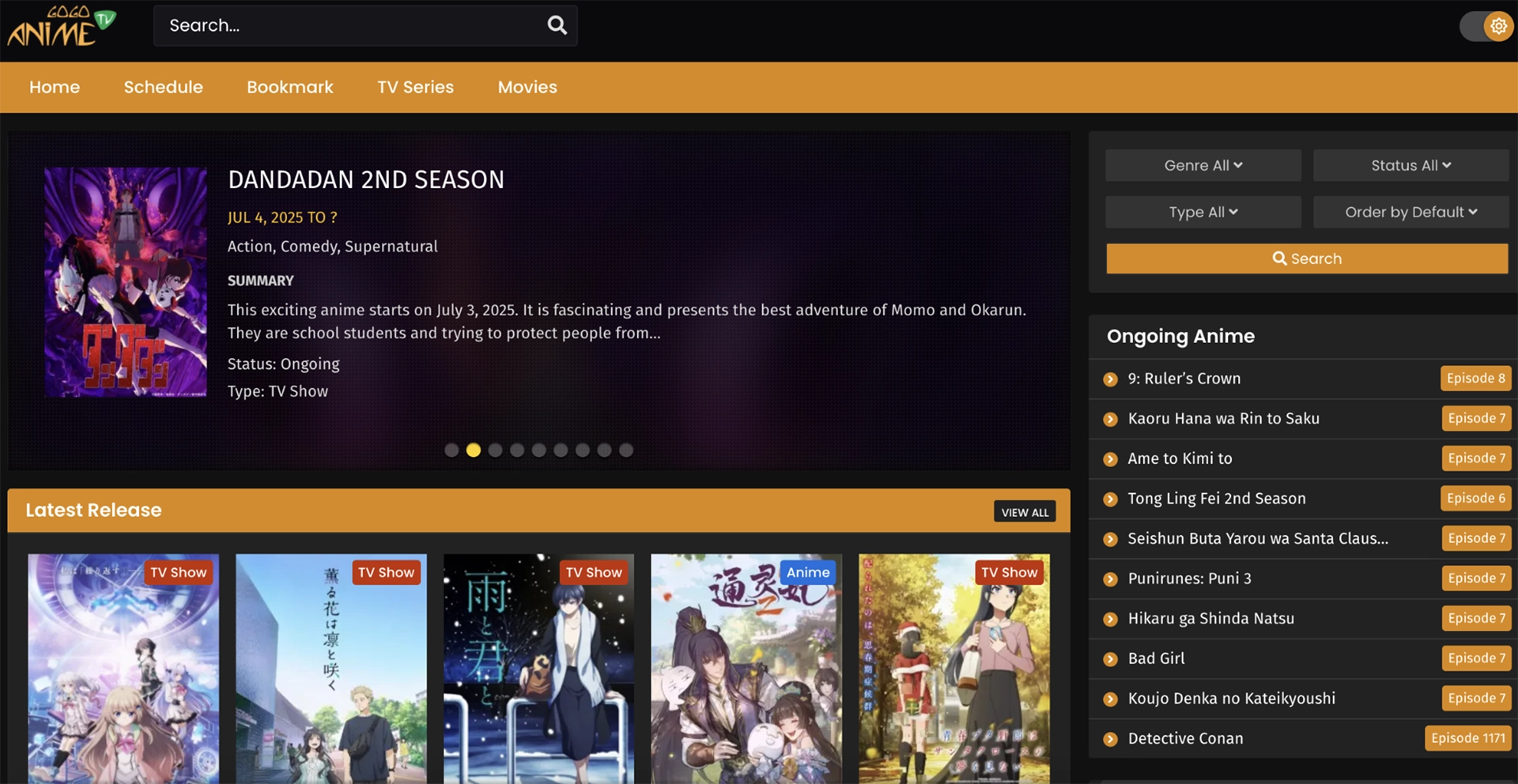 Screenshot of GoGoAnime's website showing its anime catalog
