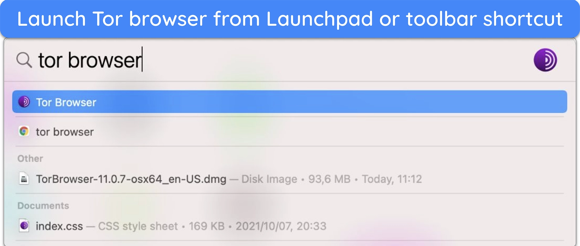 image of Mac toolbar with "tor browser" in the search before being launched