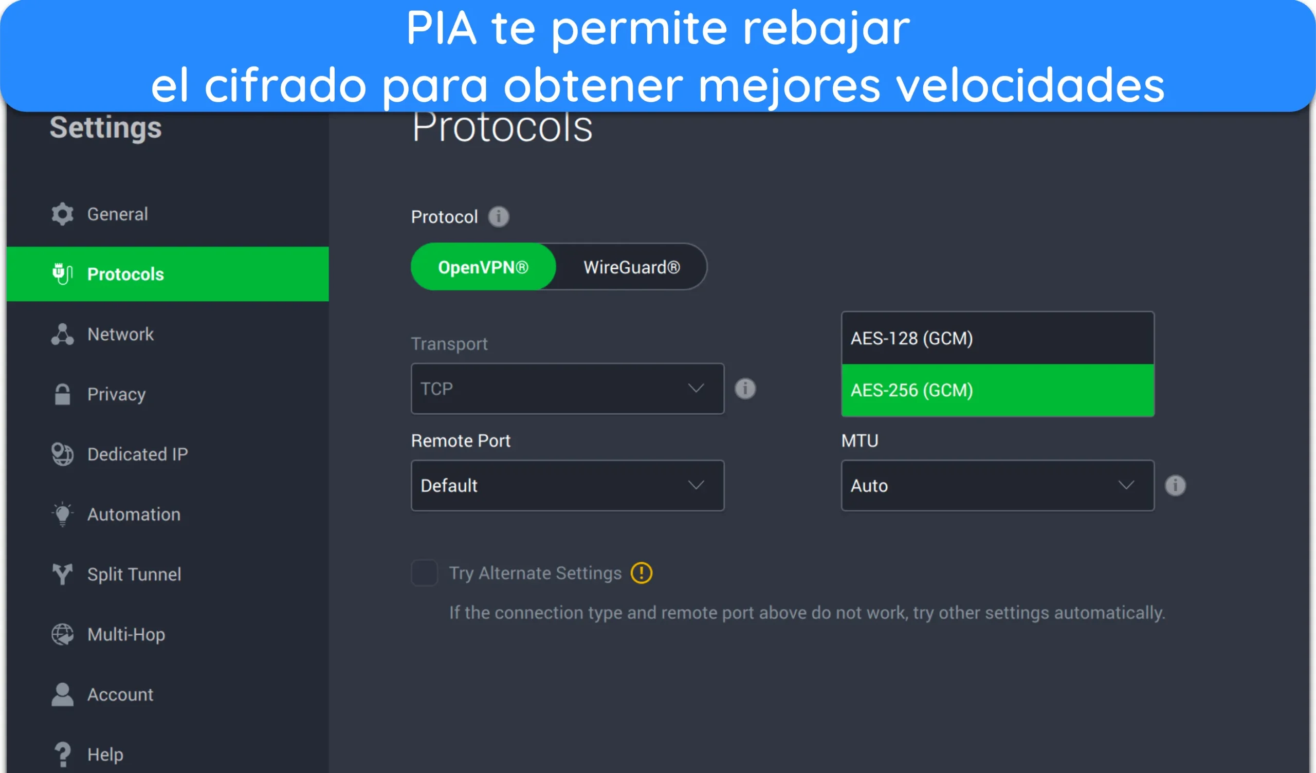 Captura de pantalla de c&oacute;mo ajustar el nivel de cifrado de PIA en su app para Mac.