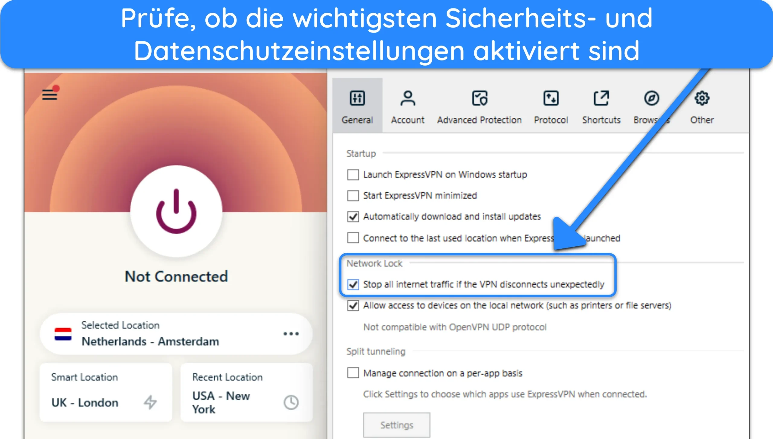 Screenshot der Windows-App von ExpressVPN mit dem Kill-Switch &bdquo;Network Lock&ldquo;.