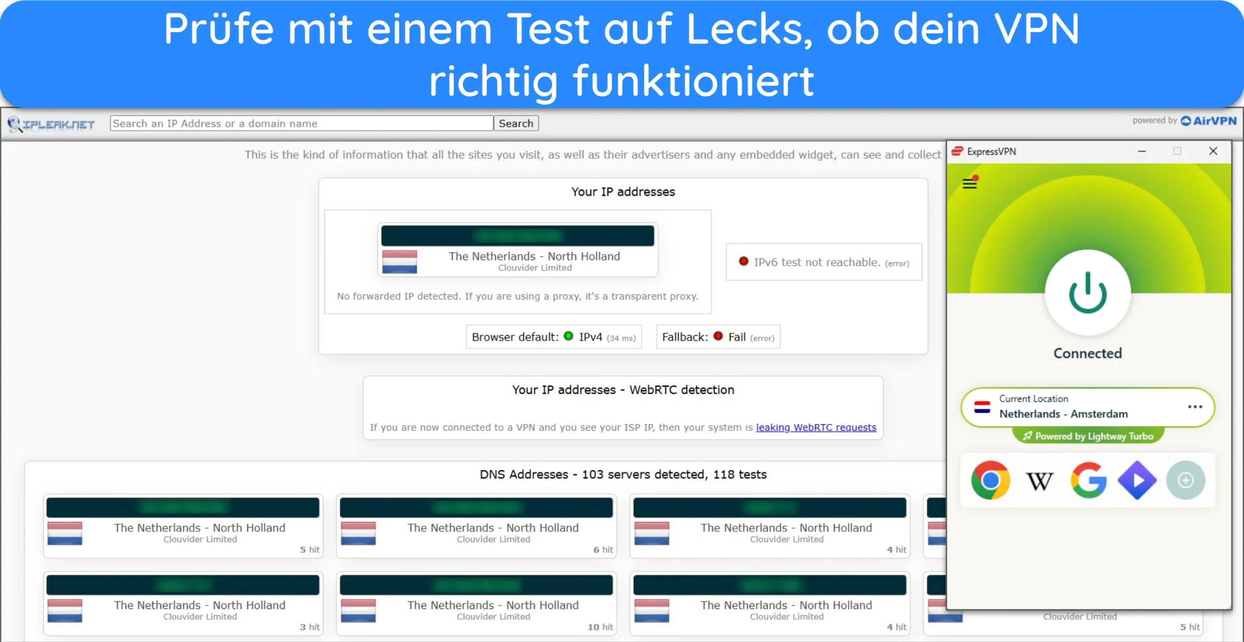 Screenshot eines Lecktests, der keine Datenlecks zeigt, wobei ExpressVPN mit einem Server in den Niederlanden verbunden ist.