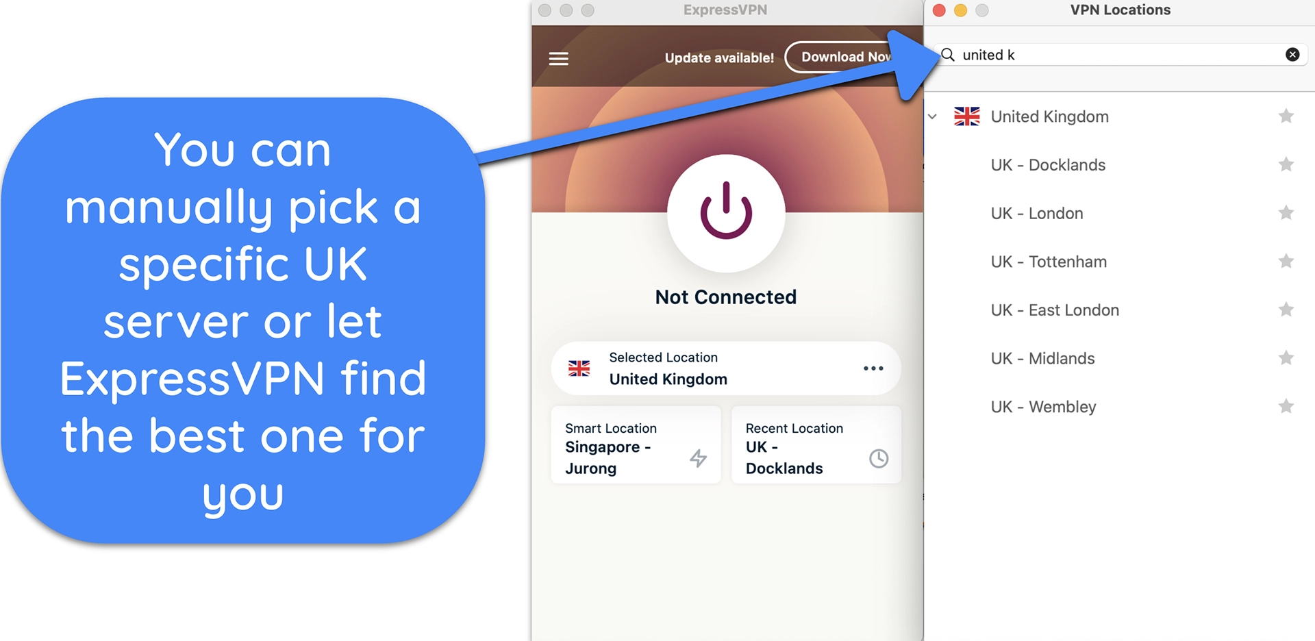 Screenshot of ExpressVPN's Mac app interface showing all its UK server locations