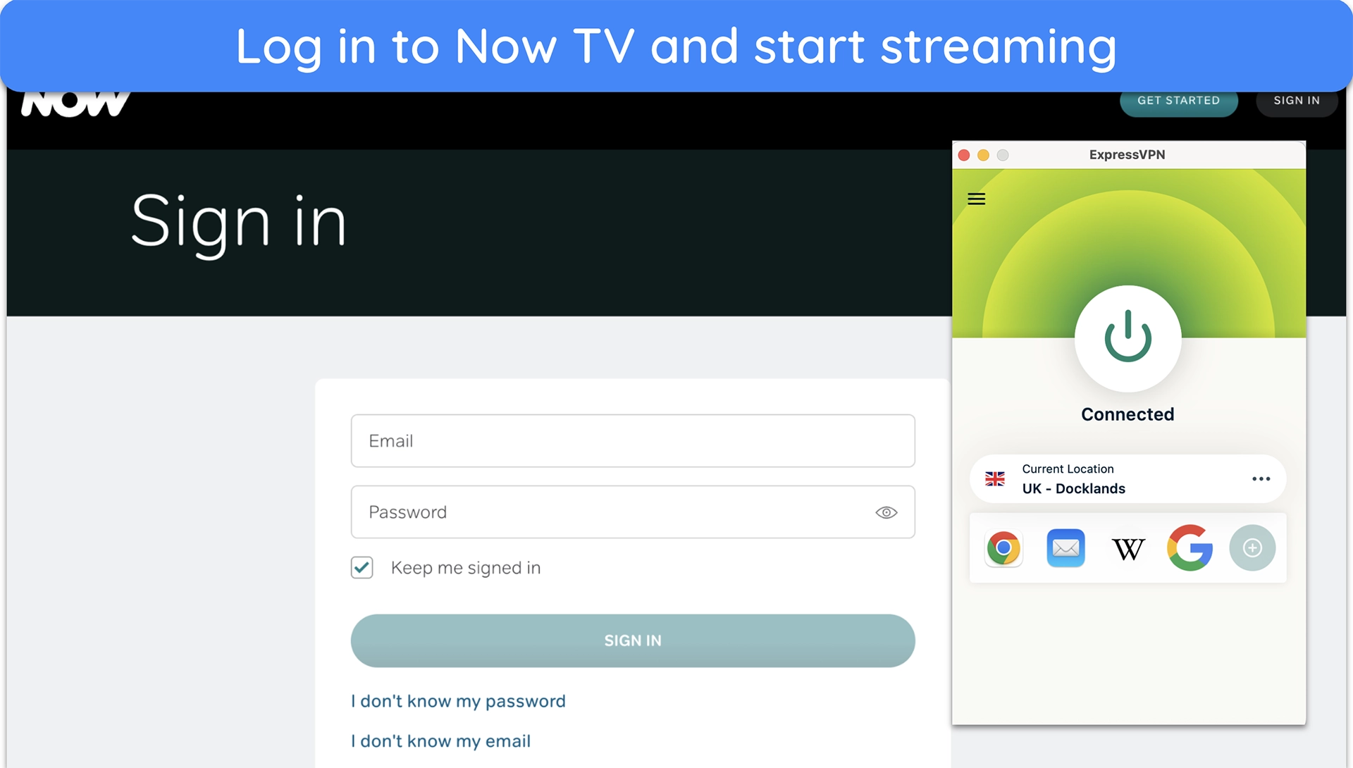 Screenshot of Now TV's login page with ExpressVPN connected to the UK server in the background