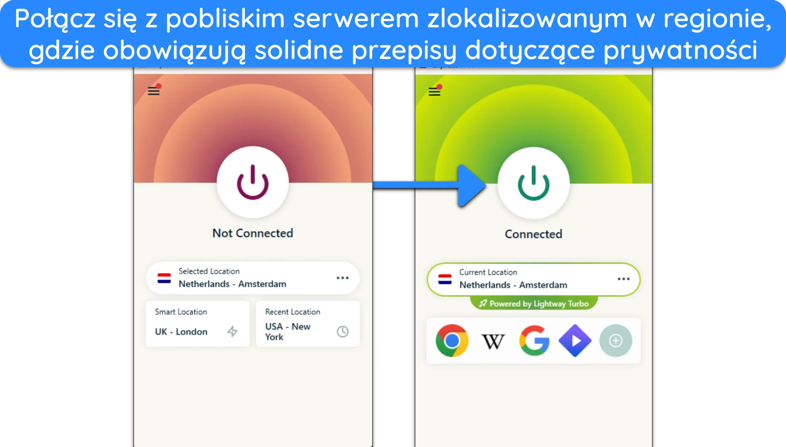 Zrzuty ekranu aplikacji ExpressVPN dla systemu Windows pokazujące r&oacute;żnicę między aplikacją rozłączoną a połączoną z serwerem w Holandii.