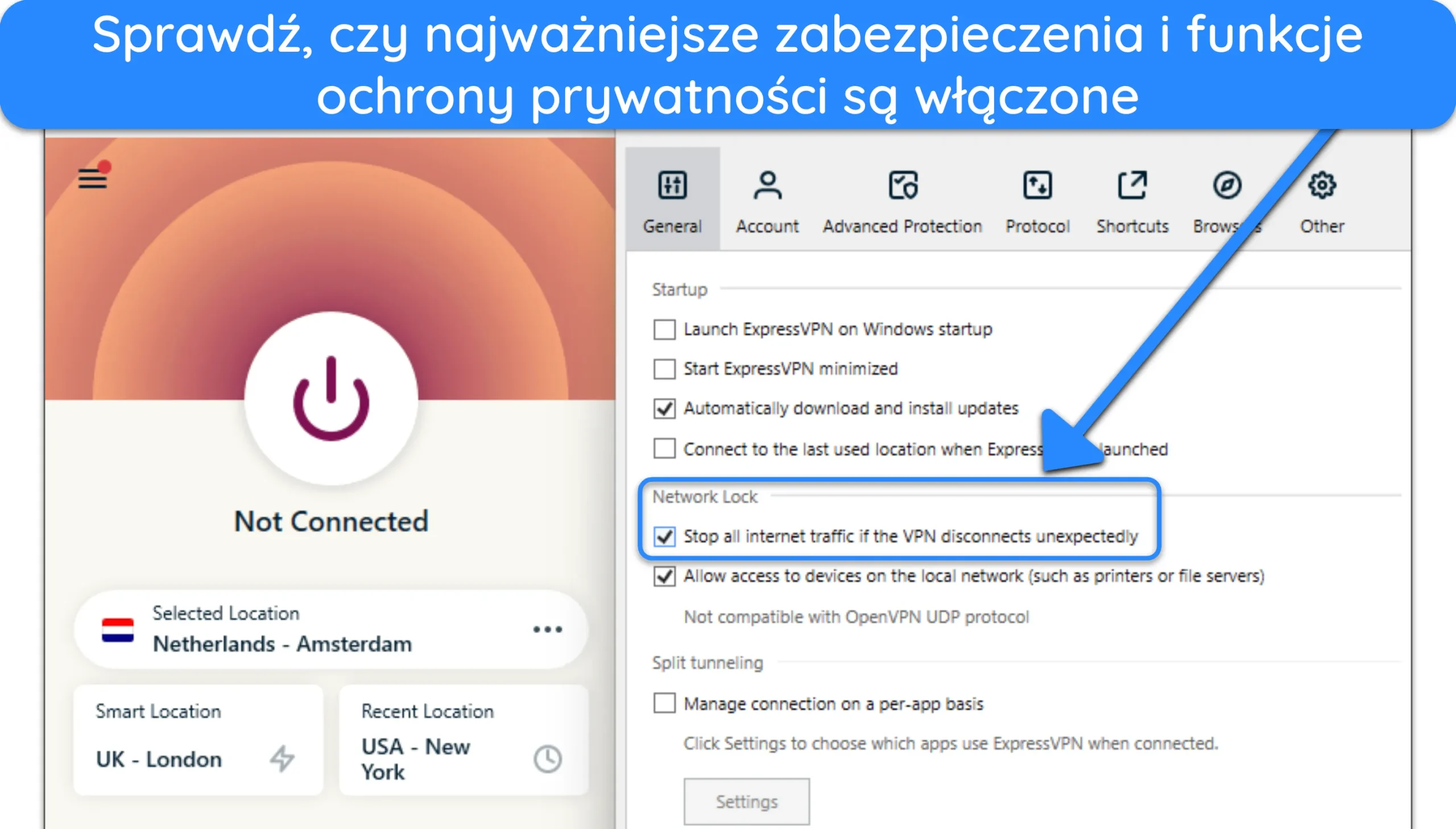Zrzut ekranu aplikacji ExpressVPN dla systemu Windows, z zaznaczonym wyłącznikiem awaryjnym Network Lock.